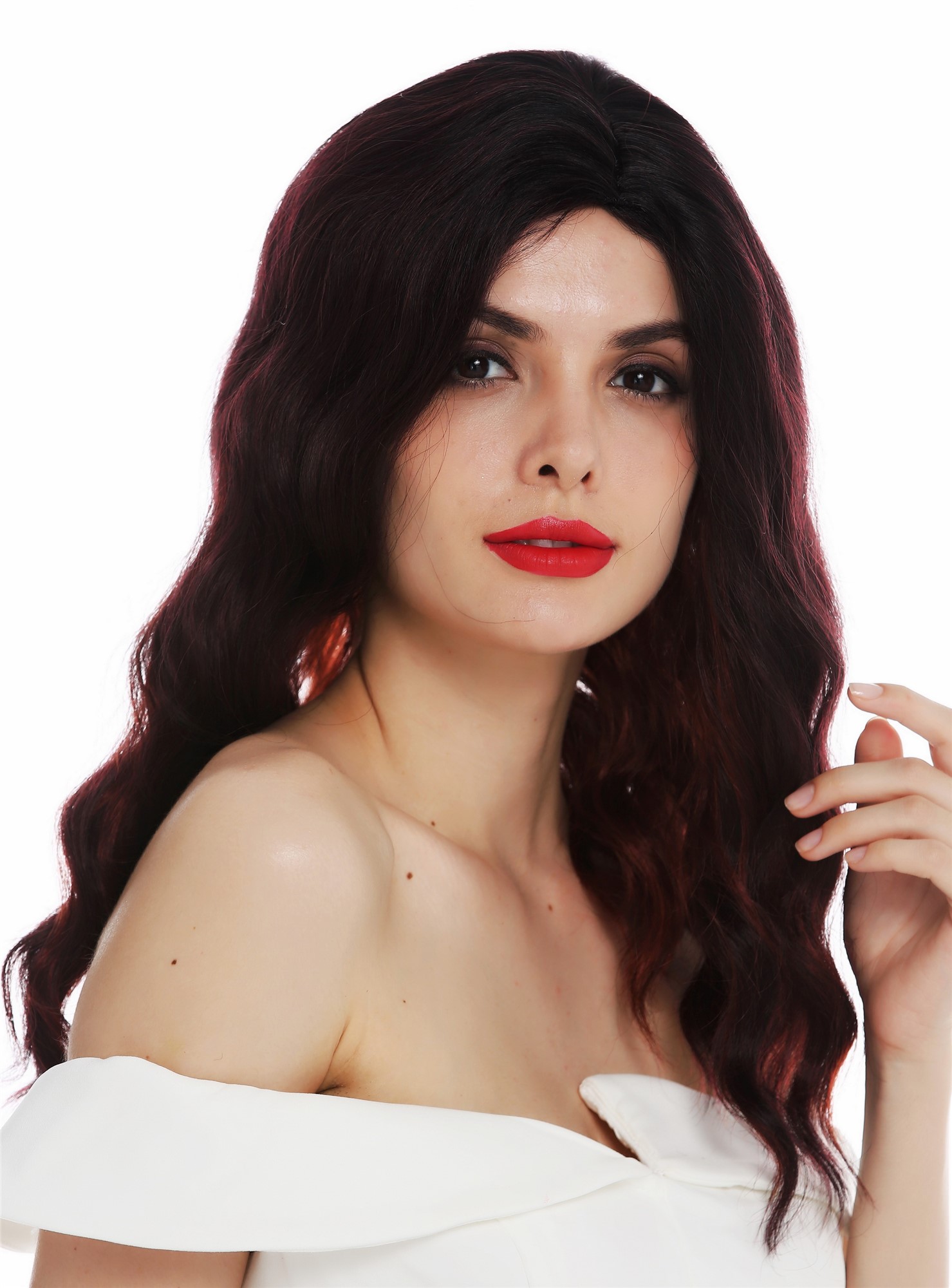 hochwertige Qualitätsperücken, Perücke lang Scheitel edel wellig gewellt Schwarz Rot gesträhnt Hollywood Diva VK-58-OMFIRERED, Ansicht 2, WIG ME UP: Ihr Perücken Online Shop wellige Tressen-Perücke mit Kopfhaut-Imitat Schwarz-Rot-Mix schulterlange Haare für Damen
