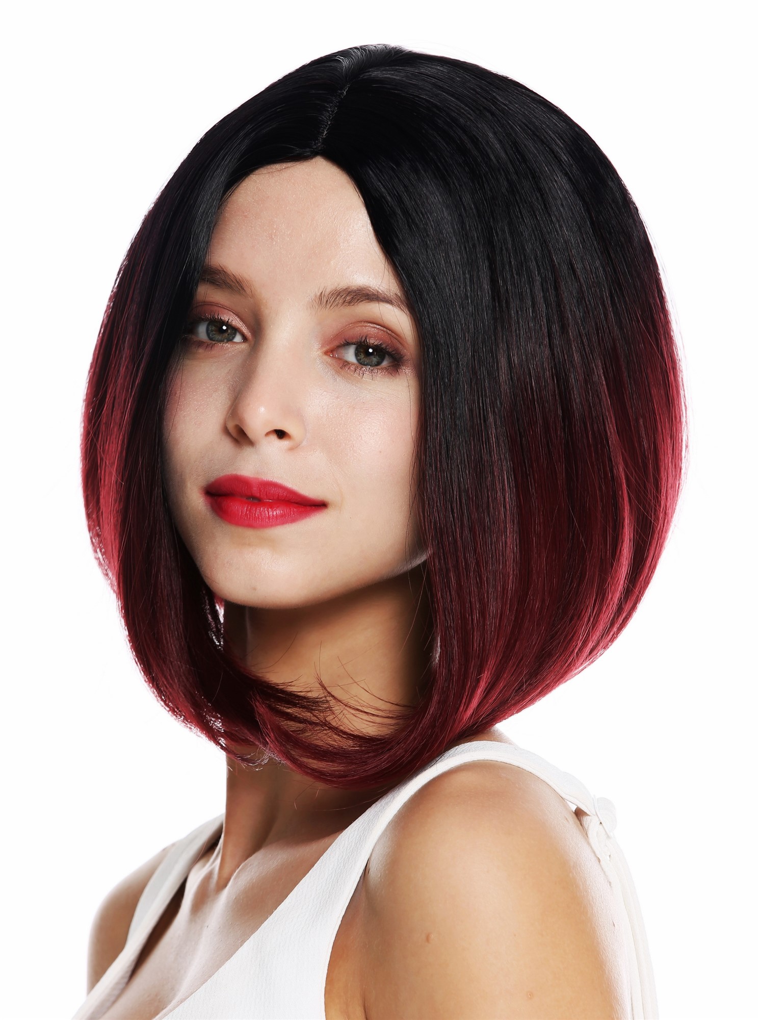Lady women wig sleek long bob middle parting ombre short black red ZM-1782, front view, WIG ME UP: Your Perücken Online Shop Quality Wigs, Ladies, red-black mix, straight, short