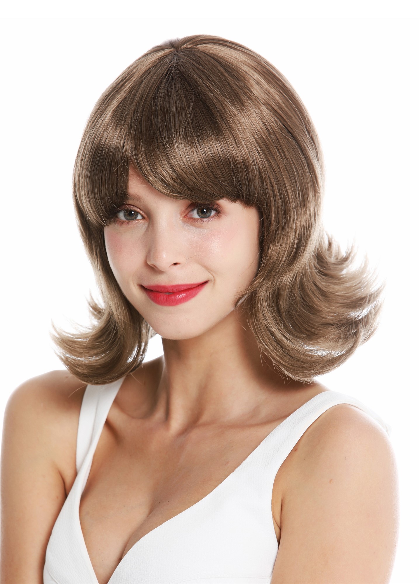 hochwertige Qualitätsperücken, Perücke kurz 50er 60er Retro Braun GFW1326-18, Ansicht 3, WIG ME UP: Ihr Perücken Online Shop glatte Tressen-Perücke mit Kopfhaut-Imitat Dunkel-Goldbraun kurze Haare für Damen