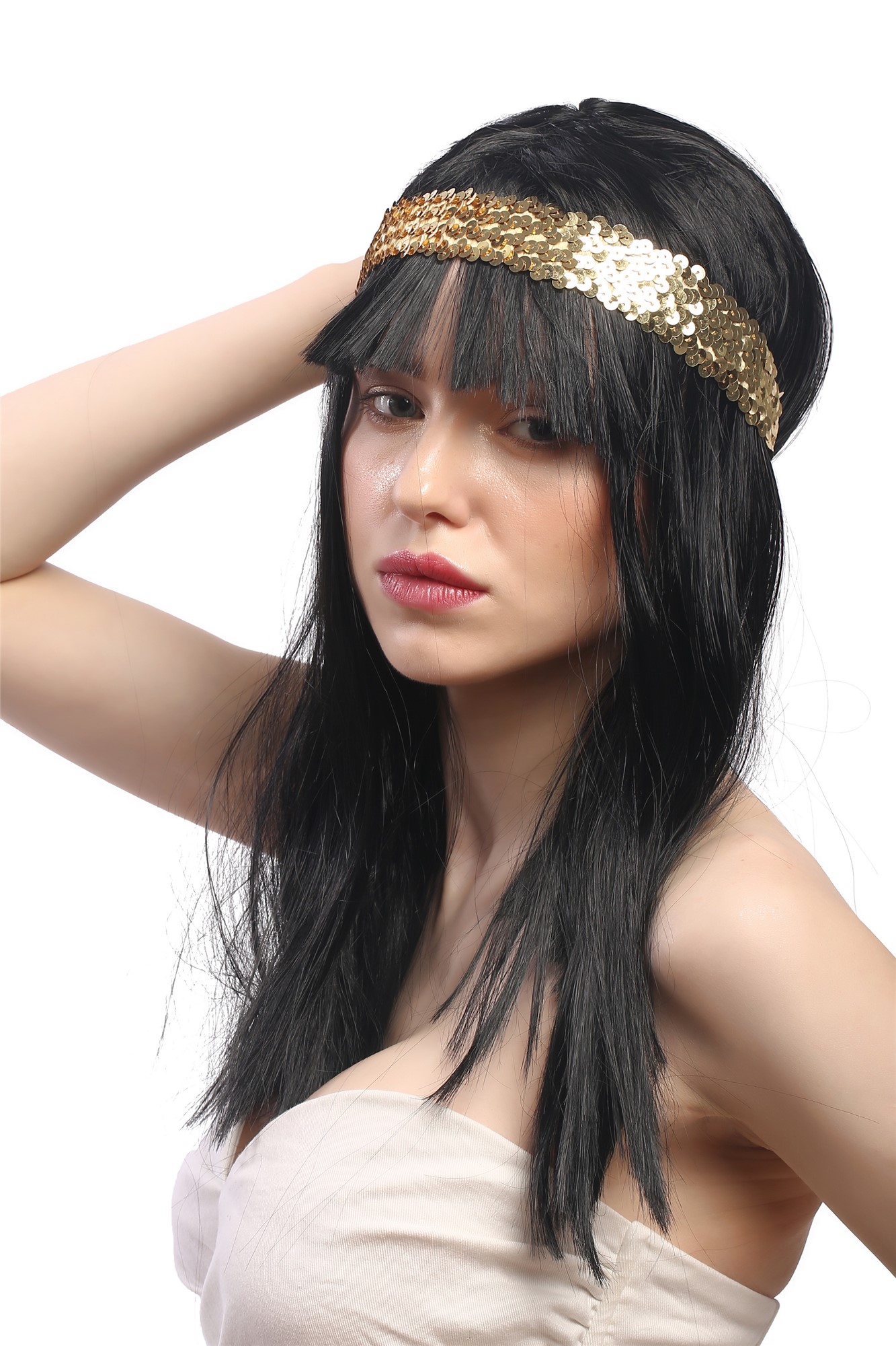 Lady Party Wig Fancy Dress long black straight bangs 70s Disco Cleopatra Odalisque golden headband, front view, WIG ME UP: Your Perücken Online Shop Party Wig, Ladies, Black, straight, long