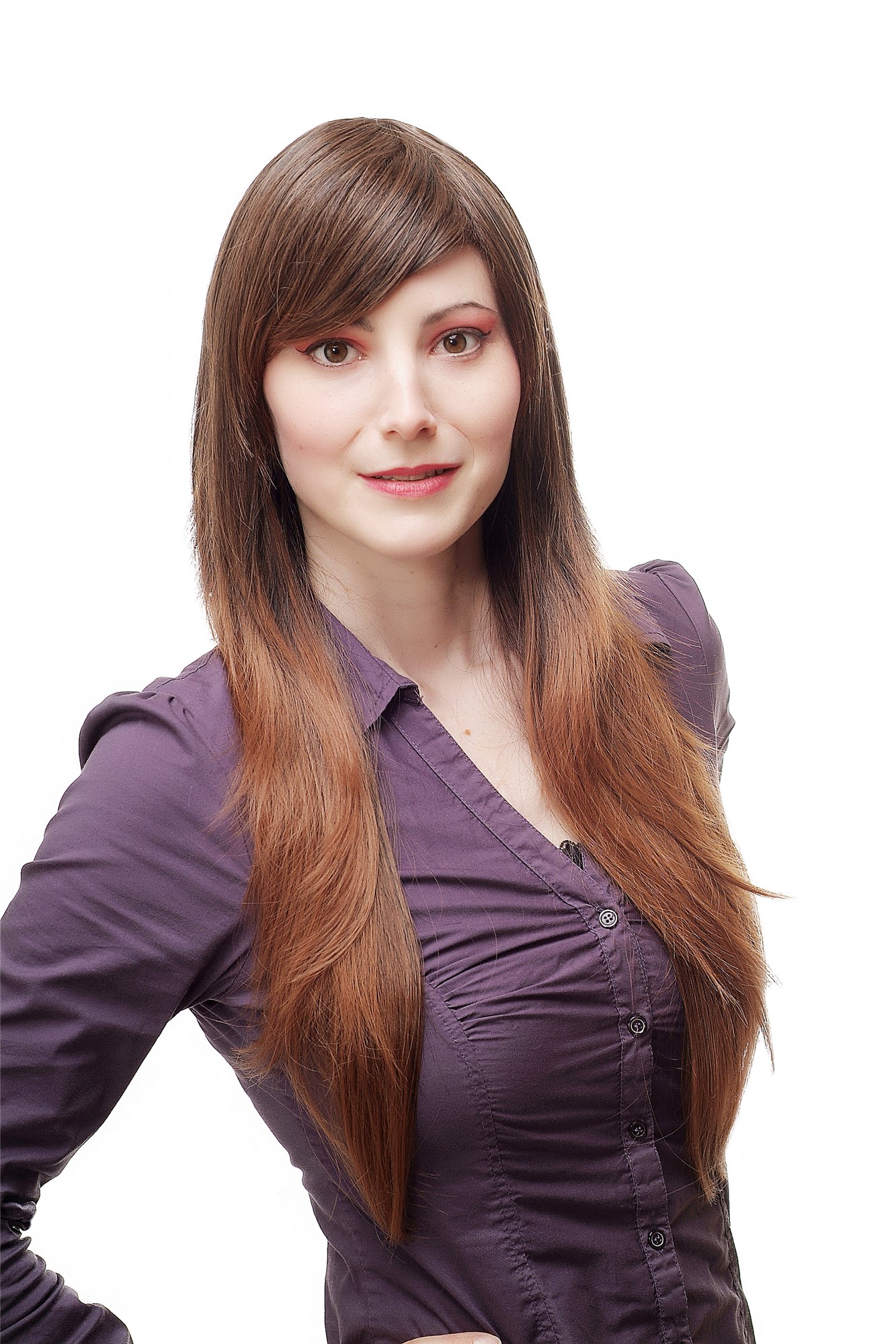 Lady  Wig long straight mixed dark brown reddish brown ends chestnut long fringe parted, front view, WIG ME UP: Your Perücken Online Shop Quality Wigs, Ladies, Brown, straight, long