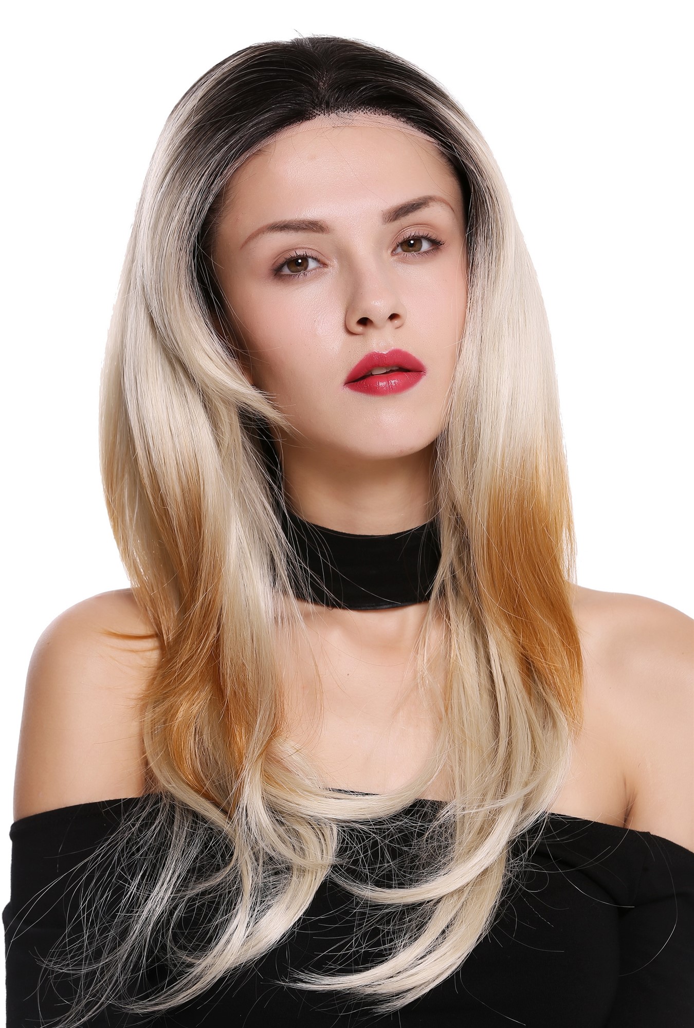 Lady women wig lace front monofilament long sleek ombre black blonde BS201-MF, front view, WIG ME UP: Your Perücken Online Shop Quality Wigs, Ladies, ash blonde-platinum blonde-velvet black-strawberry blonde mix, wavy, long
