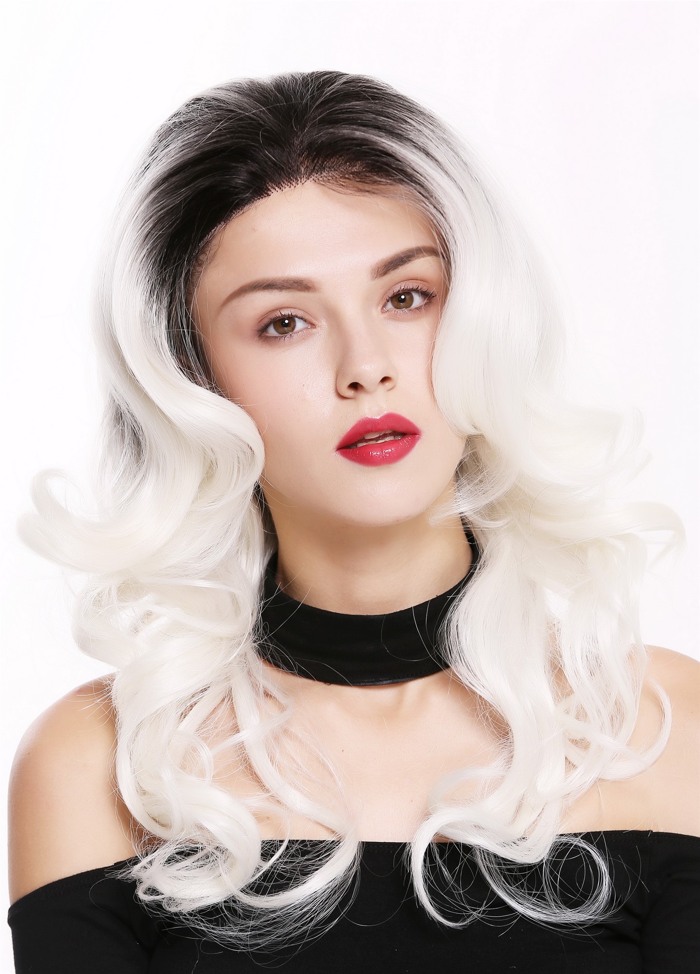 Quality Wigs, Ladies, deep black and flower white mix, curled, long