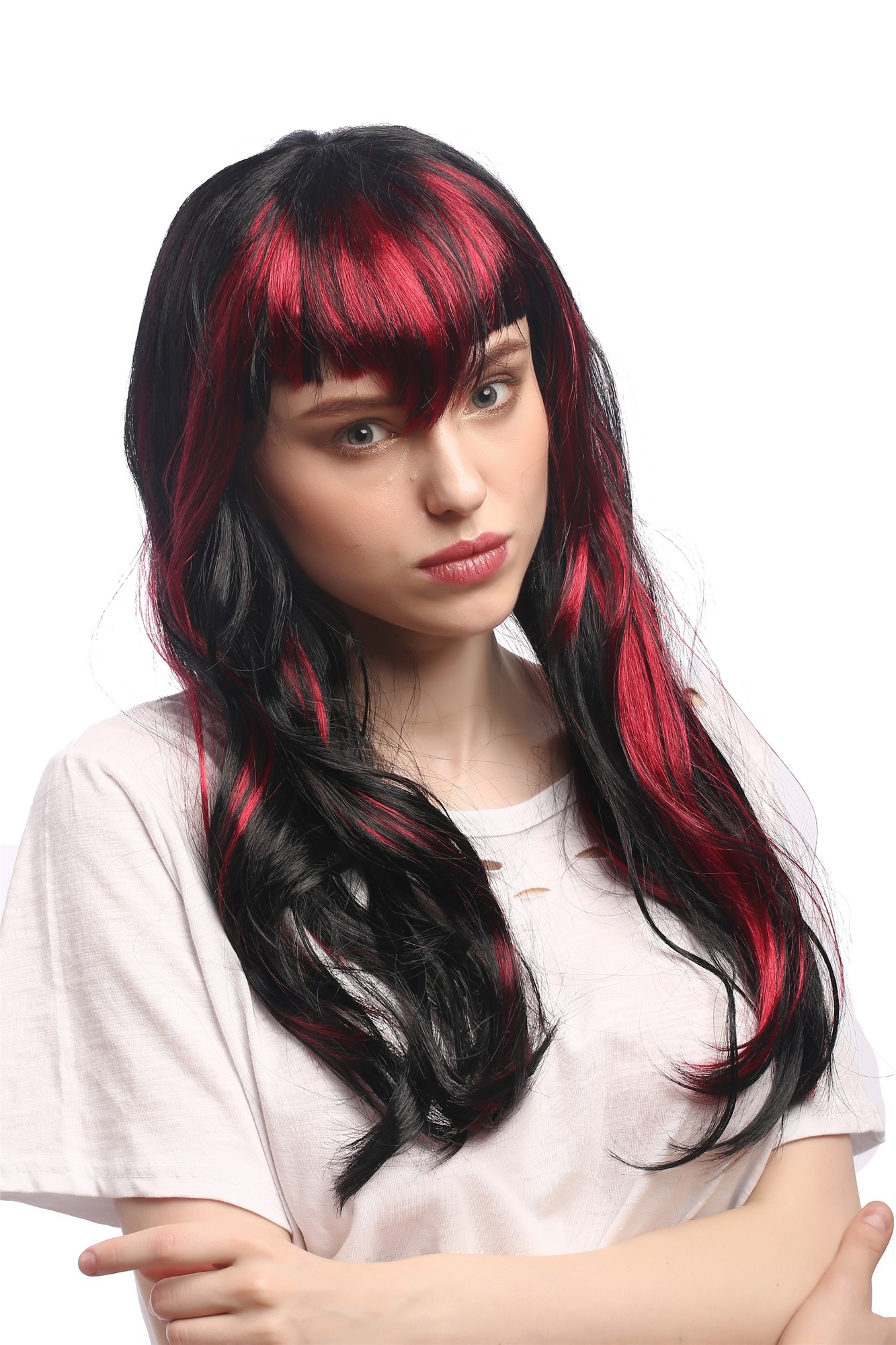 Lady Fancy Dress Wig gothic witch black red strands Vampire She-Devil Dark Fairy pointy fringe 20", front view, WIG ME UP: Your Perücken Online Shop Party Wig, Ladies, Black, Red, straight, long