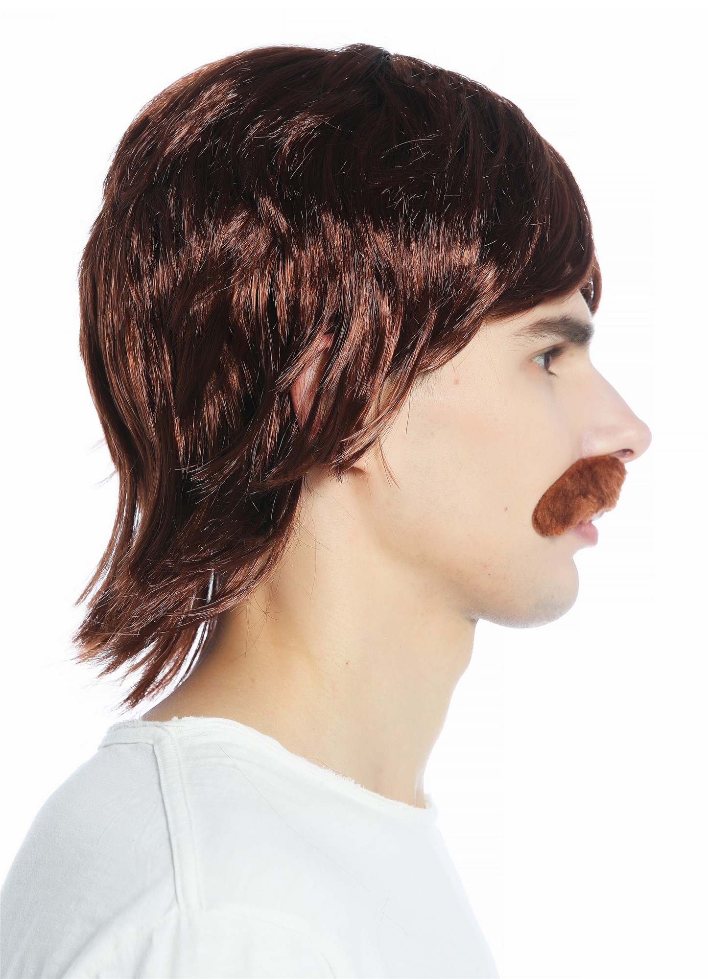 günstige Party Perücke, Perücke Herren 70er Jahre Proll Cop Vokuhila Schnauzbart braun CW-016-P33, Ansicht 4, WIG ME UP: Ihr Perücken Online Shop glatte Party Perücke Mahagoni kurze Haare für Herren