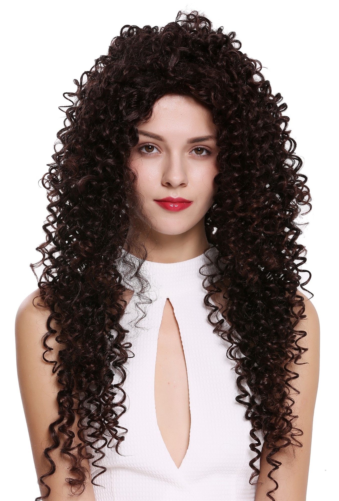 hochwertige Qualitätsperücken, Perücke Lang Locken Afro Mahagoni Braun Mix DW2315-2T33, Vorderansicht, WIG ME UP: Ihr Perücken Online Shop lockige Tressen-Perücke Schwarzbraun-Mahagonibraun sehr lange Haare für Damen
