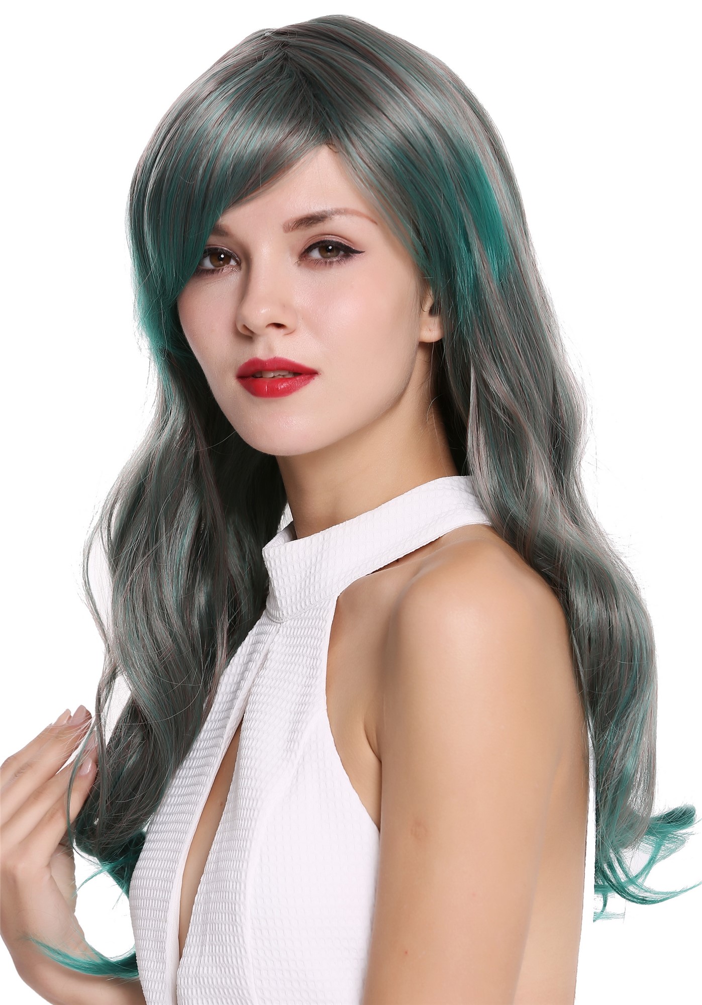 hochwertige Qualitätsperücken, Perücke Wellig Scheitel Grau Grün Rot Mix 6083-1102TBD, Vorderansicht, WIG ME UP: Ihr Perücken Online Shop wellige Tressen-Perücke mit Kopfhaut-Imitat Grau-Grün-Rot-Mix lange Haare für Damen