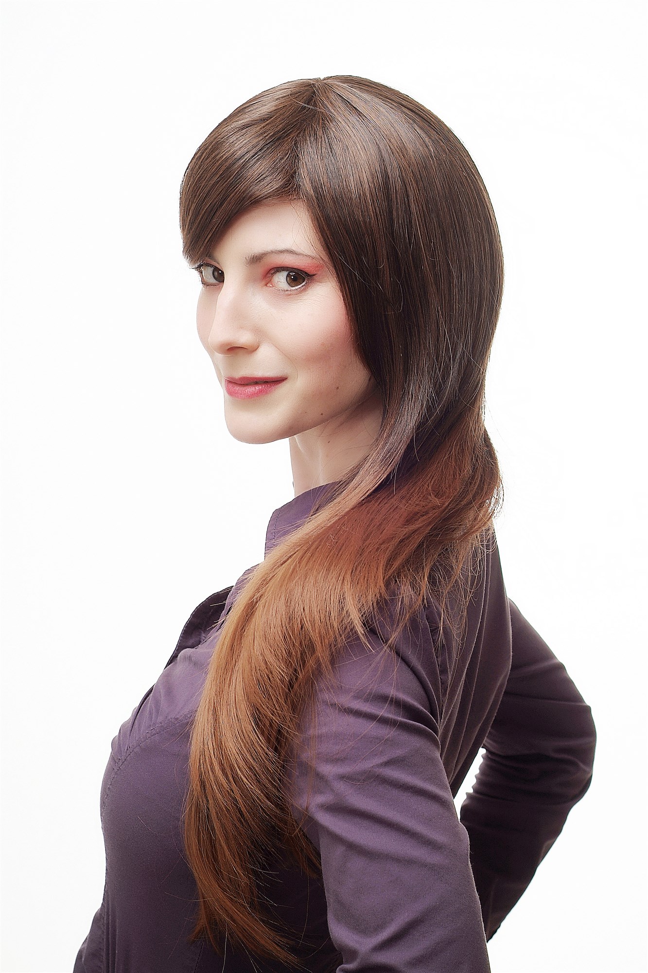 Lady  Wig long straight mixed dark brown reddish brown ends chestnut long fringe parted, view 3, WIG ME UP: Your Perücken Online Shop Quality Wigs, Ladies, Brown, straight, long