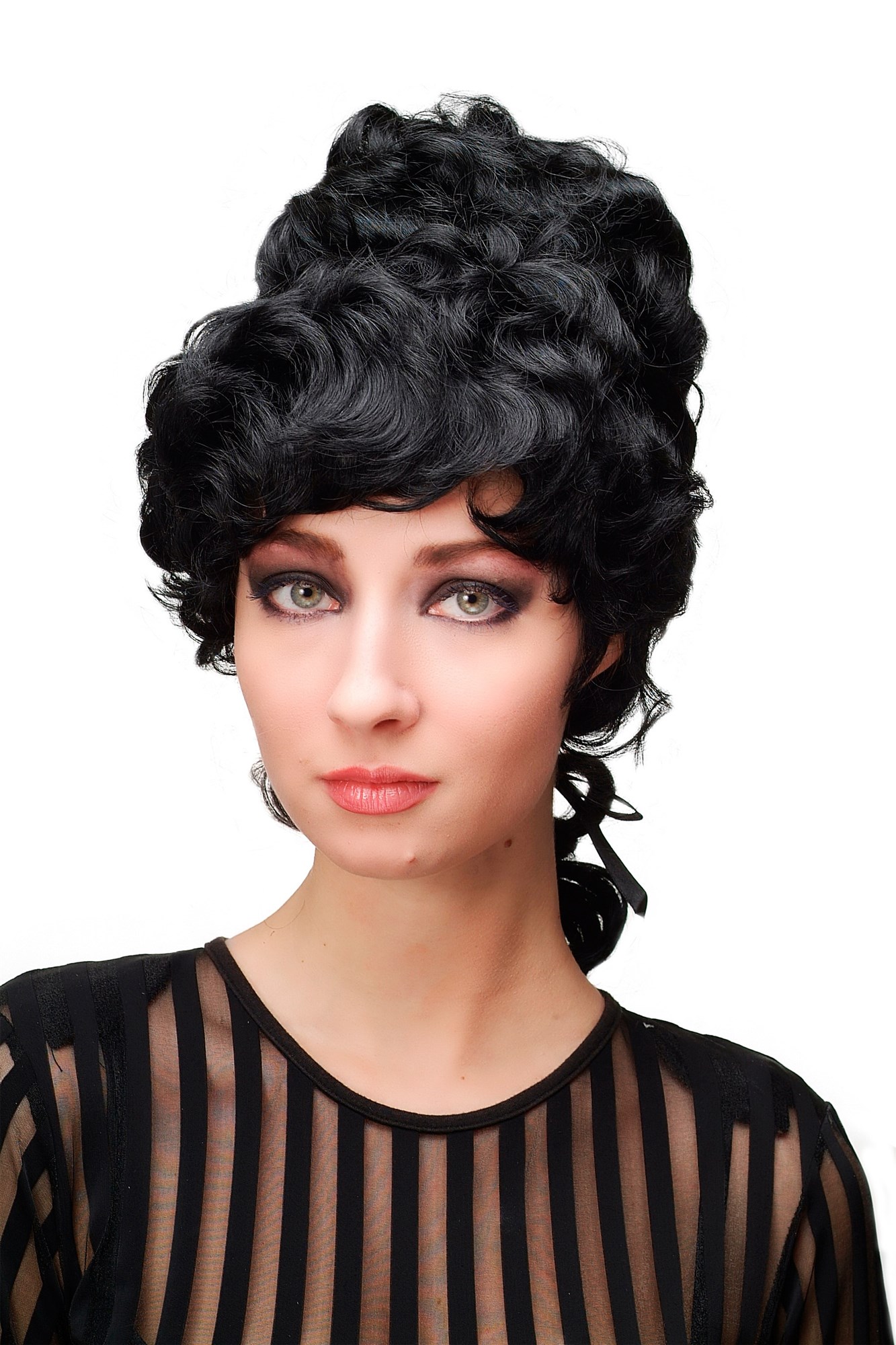 hochwertige Qualitätsperücken, Perücke Turmfrisur Barock Schwarz L.COLONIAL.Lady-1, Vorderansicht, WIG ME UP: Ihr Perücken Online Shop lockige Tressen-Perücke Schwarz schulterlange Haare für Damen