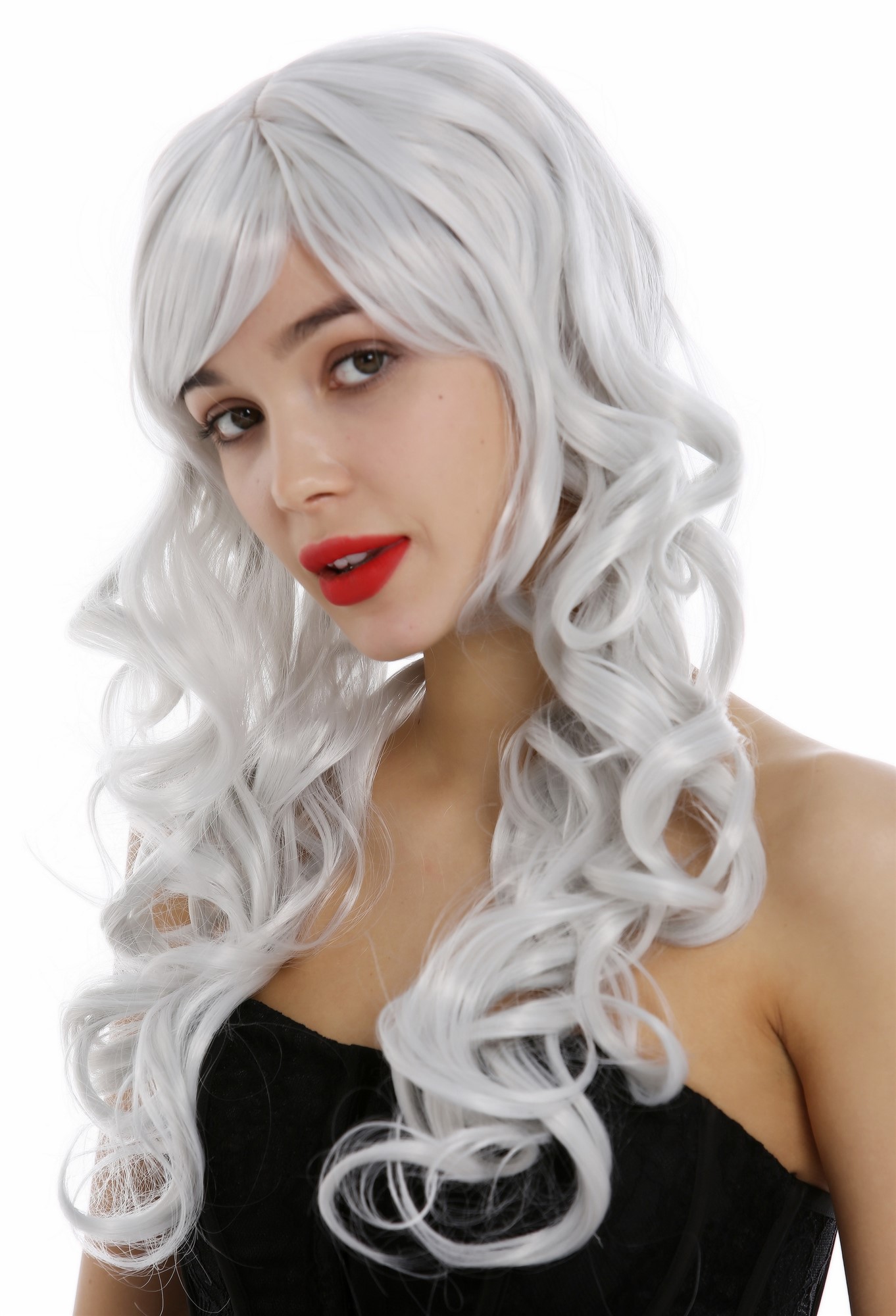 hochwertige Qualitätsperücken, Lange Damen Perücke mit großen kräftigen Locken Pony Weißgrau Grau 285-001, Ansicht 6, WIG ME UP: Ihr Perücken Online Shop lockige Tressen-Perücke mit Kopfhaut-Imitat Weißgrau lange Haare für Damen