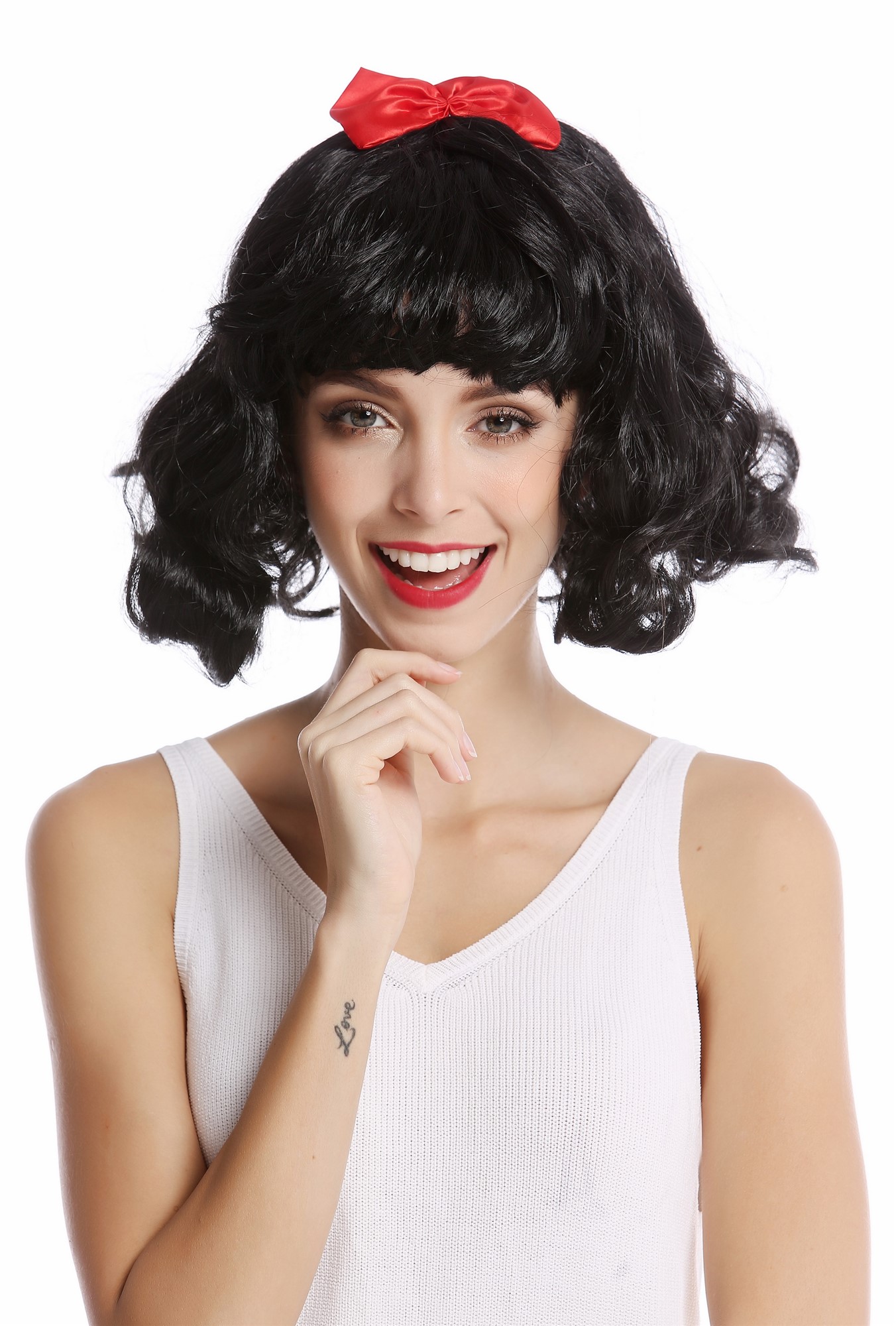 Cute Wig Lady Women Cosplay fringe bangs black shoulder-length Longbob wild wavy red ribbon Lolita, front view, WIG ME UP: Your Perücken Online Shop Party Wig, Ladies, Black, wavy, short