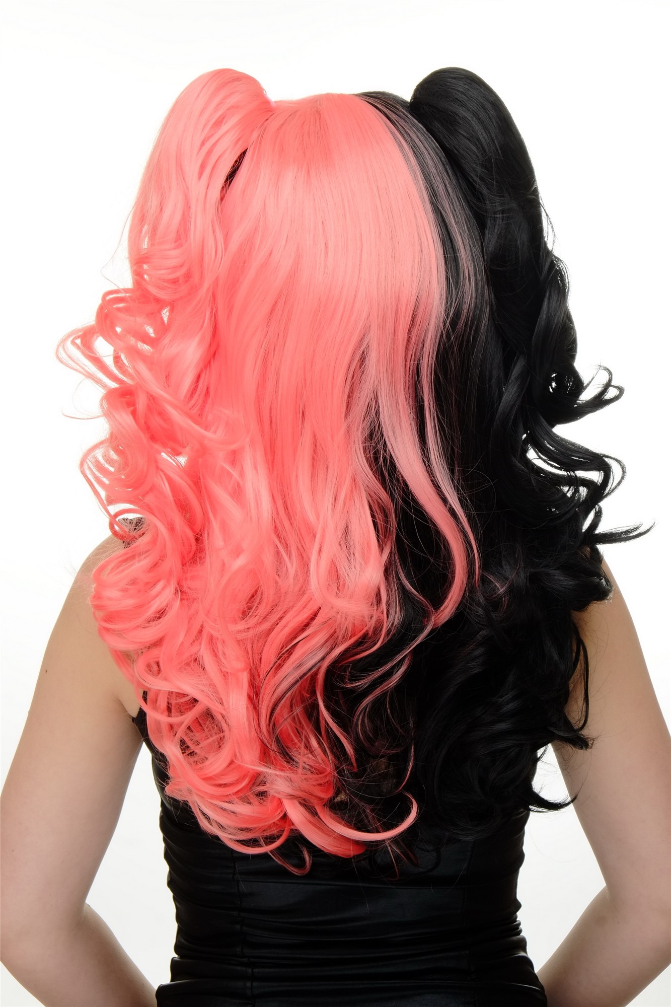Lady Cosplay Wig + 2 ponytails pigtails curled split colour black pink YZF-7080H, view 5, WIG ME UP: Your Perücken Online Shop Quality Wigs, Ladies, black, pink, curled, shoulder-length