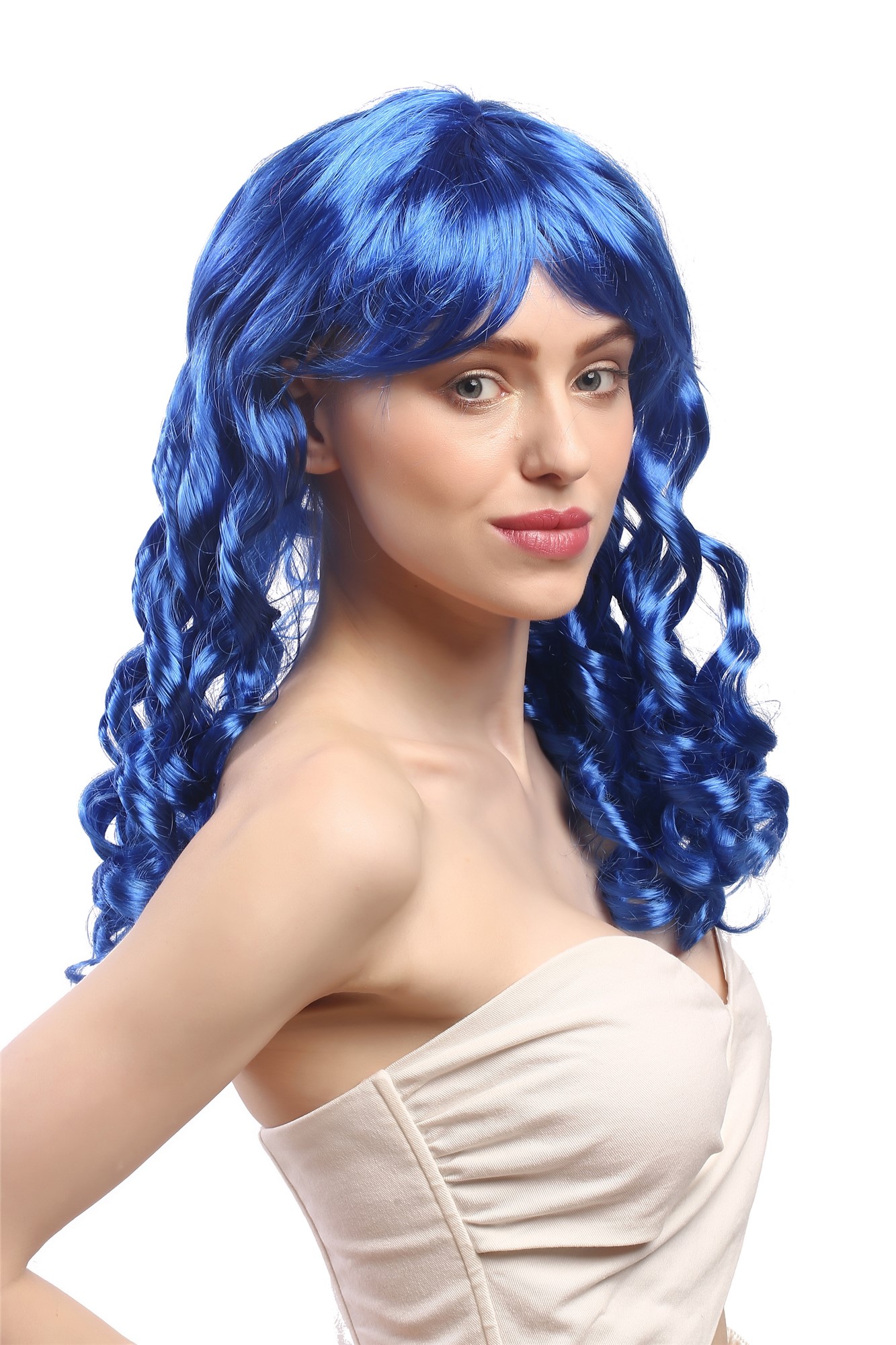 Lady Party Wig Halloween Gothic Lolita long baroque colonial romantic corkscrew curls coils blue, front view, WIG ME UP: Your Perücken Online Shop Party Wig, Ladies, neon blue, curled, long