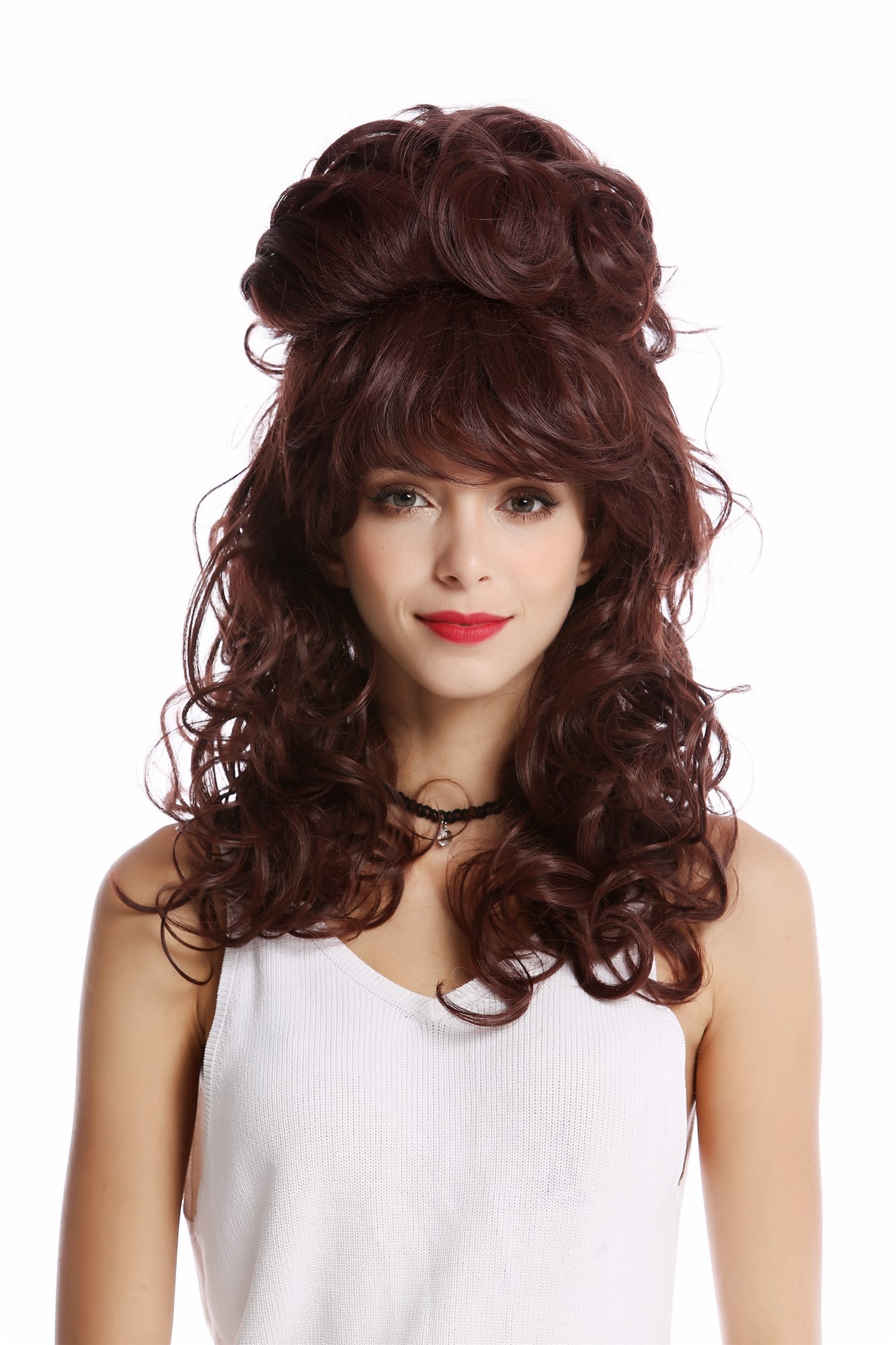 Lady Wig Baroque 60s Beehive Retro Bun curly long mahogany reddish brown Pop Singer, front view, WIG ME UP: Your Perücken Online Shop Quality Wigs, Ladies, chestnut, curled, long