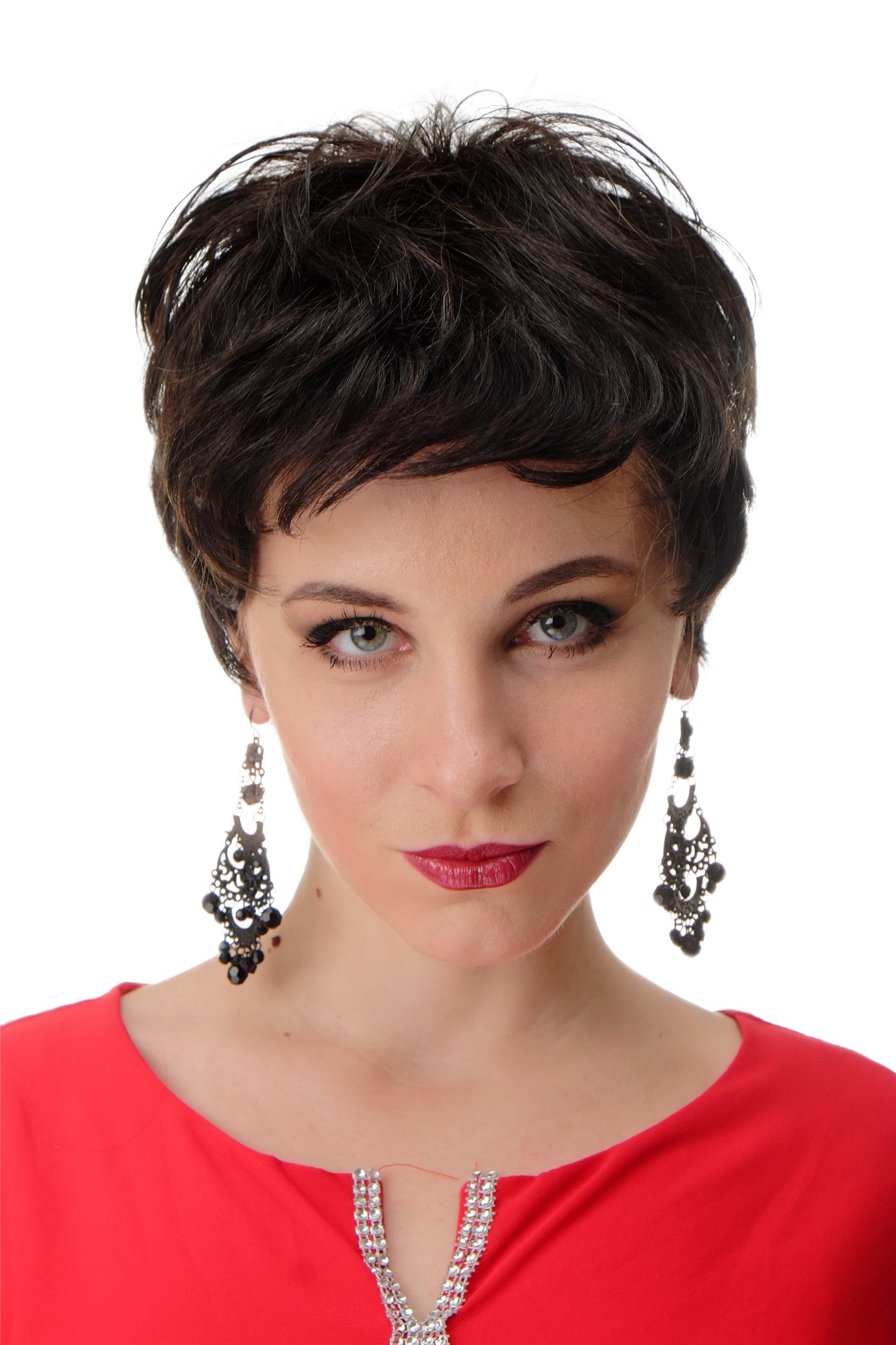 Lady wig 100% Human hair short naughty shaggy wild natural color not dyed BHH-10, front view, WIG ME UP: Your Perücken Online Shop Quality Wigs, Unisex, dark brown, wavy, short, 100% Human Hair