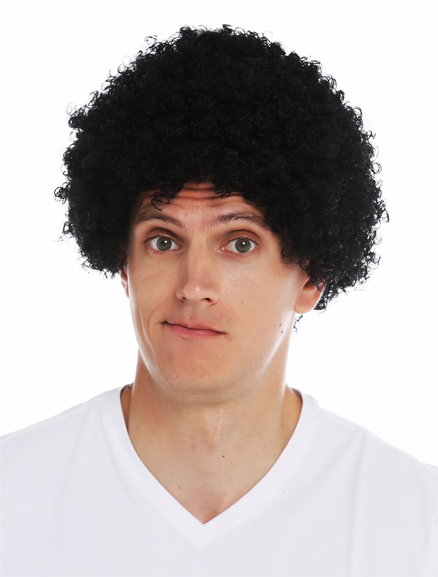 Wig woman man Halloween carnival short thick afro frizzy curls black MMAS-6M, front view, WIG ME UP: Your Perücken Online Shop Party Wig, Unisex, pitch black, curled, short