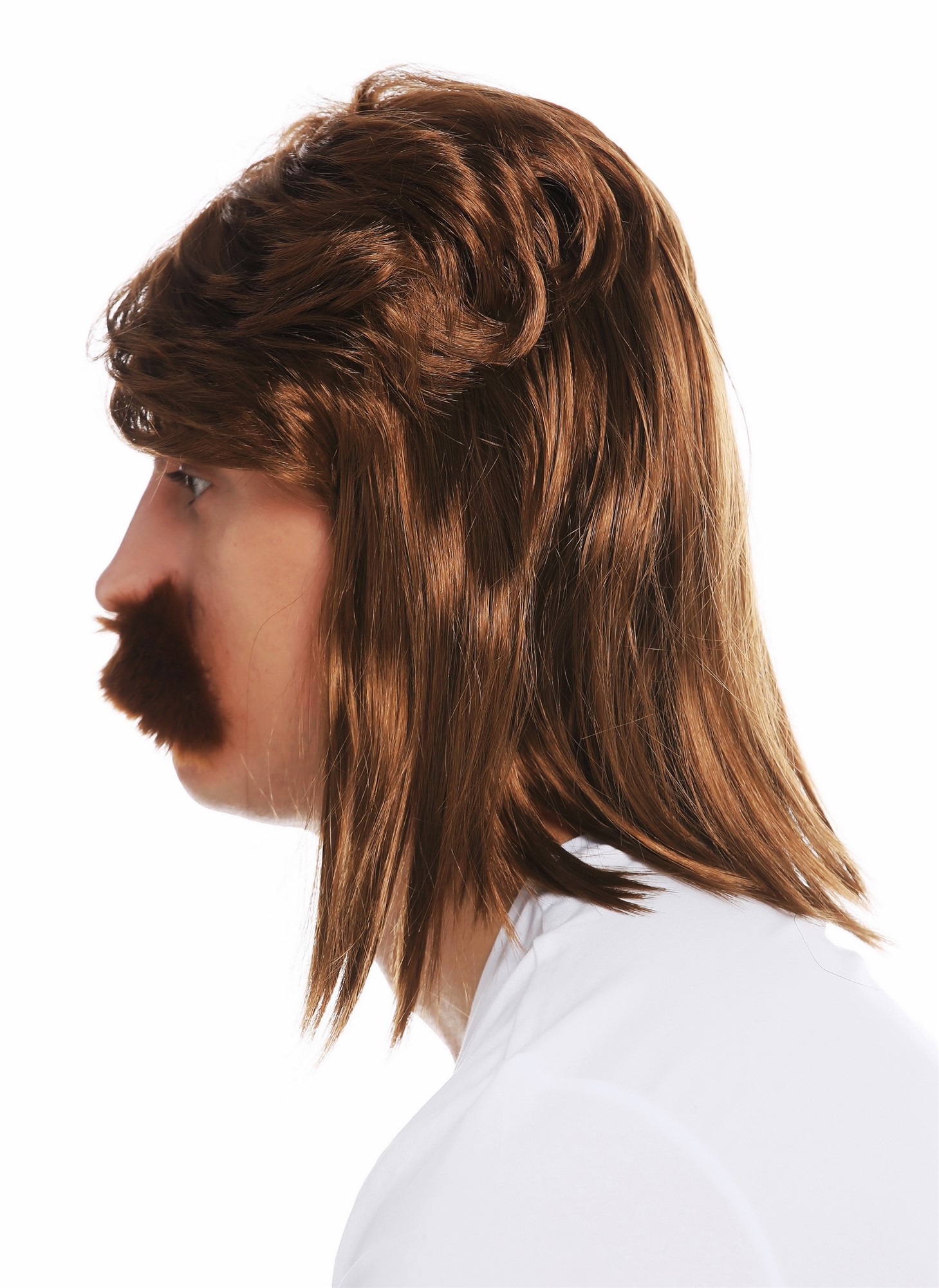 günstige Party Perücke, Perücke Bart Vokuhila Proll 80er Braun SARL062-P6, Ansicht 4, WIG ME UP: Ihr Perücken Online Shop glatte Party Perücke Goldbraun schulterlange Haare für Herren