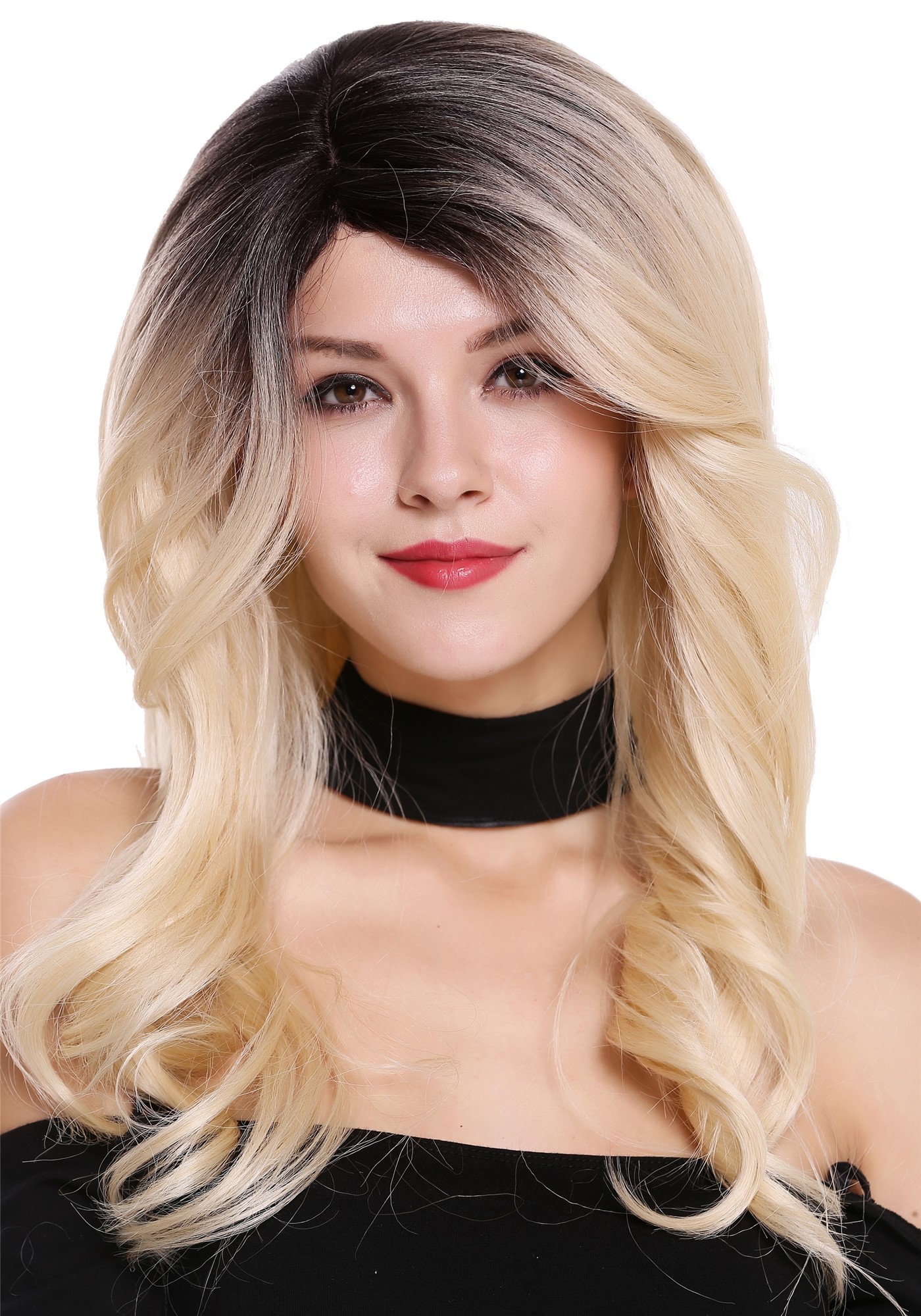 hochwertige Qualitätsperücken, Perücke Lang Wellig Dunkelbraun Platinblond Ombre RGF-5904LD-DR4/613, Vorderansicht, WIG ME UP: Ihr Perücken Online Shop wellige Tressen-Perücke mit Kopfhaut-Imitat Schwarzbraun-Hellblond lange Haare für Damen