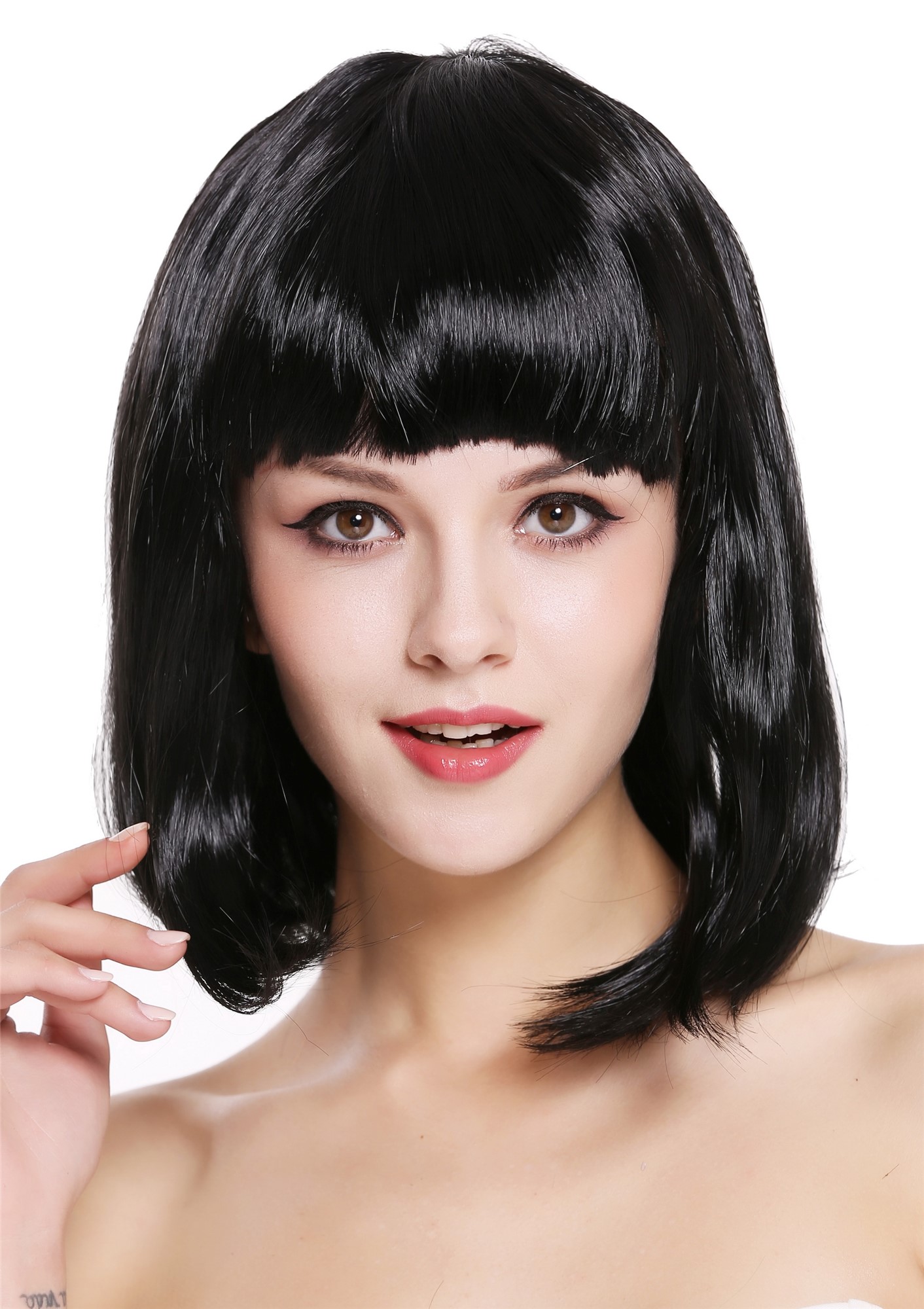 günstige Party Perücke, Perücke Bob-Frisur Longbob glatt Pony schwarz 0073-3-P103, Ansicht 2, WIG ME UP: Ihr Perücken Online Shop glatte Party Perücke Schwarz schulterlange Haare für Damen