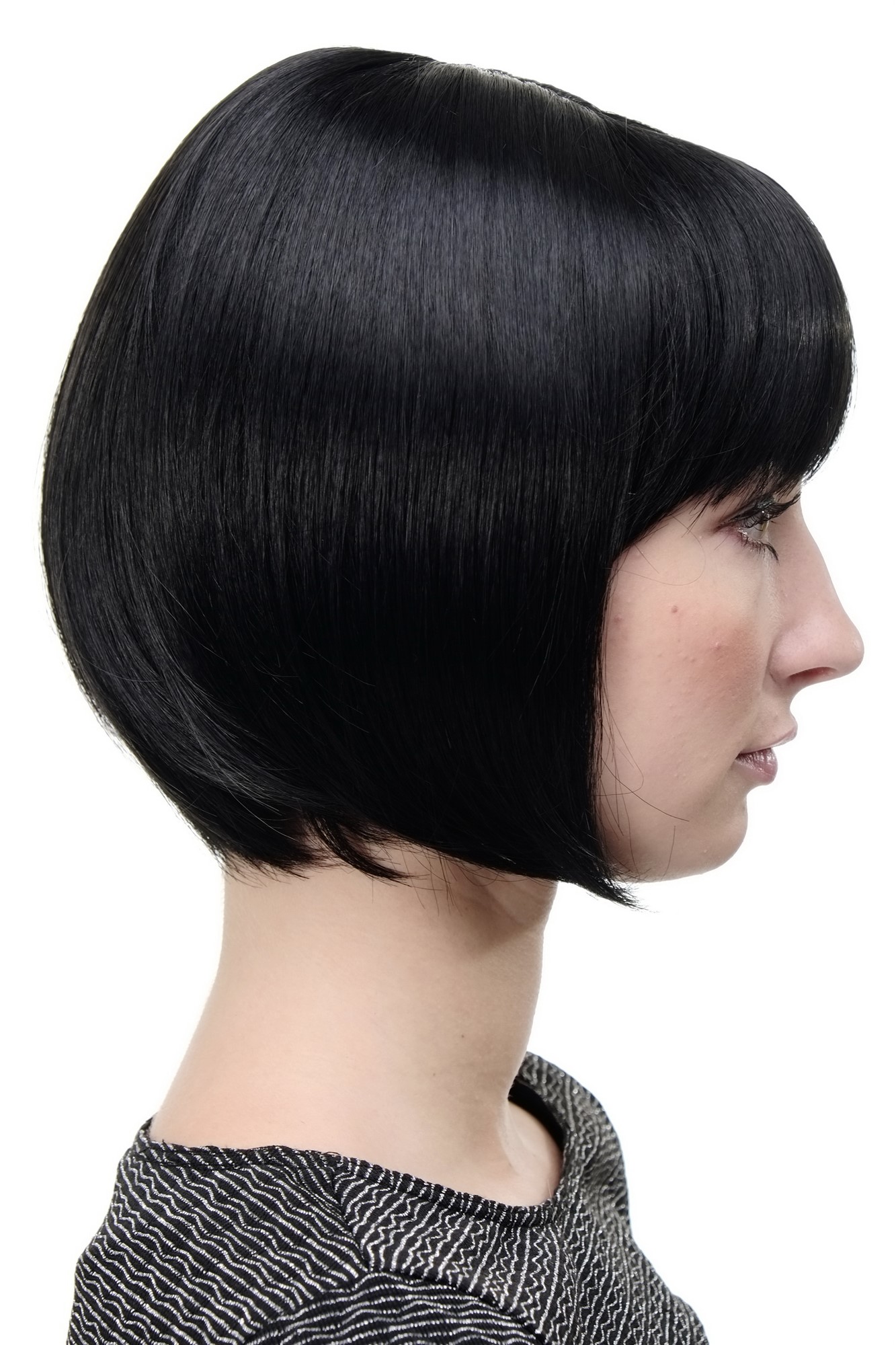 hochwertige Qualitätsperücken, Sexy Damen Bob Perücke glatte kurze Haare mit Pony Schwarz 703-1, Ansicht 3, WIG ME UP: Ihr Perücken Online Shop glatte Tressen-Perücke mit Kopfhaut-Imitat Schwarz kurze Haare für Damen