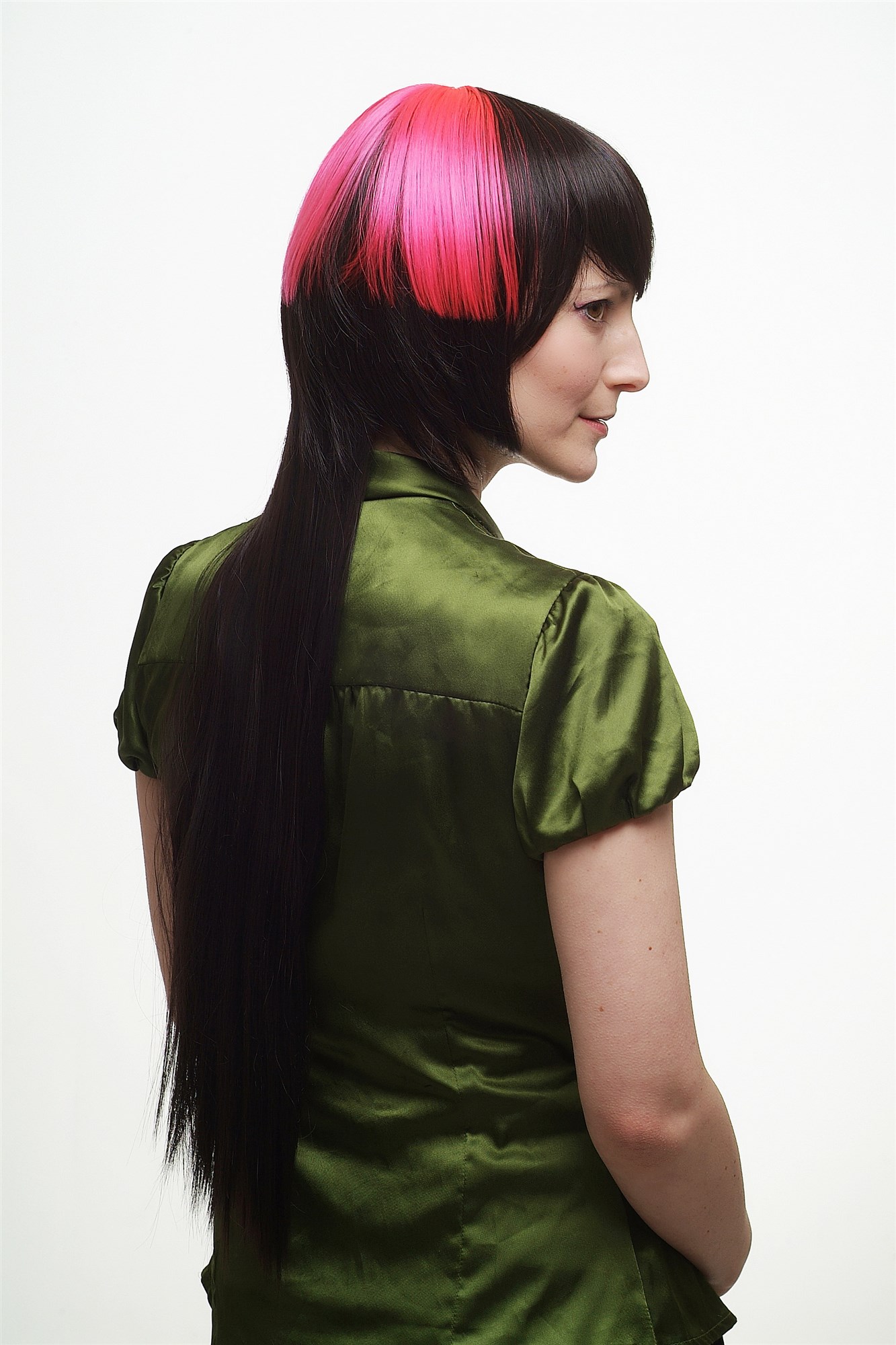 hochwertige Qualitätsperücken, Perücke Bob hinten lang dunkelbraun pink SA039-4/TF2313, Ansicht 8, WIG ME UP: Ihr Perücken Online Shop glatte Tressen-Perücke mit Kopfhaut-Imitat dunkelbraun sehr lange Haare für Damen