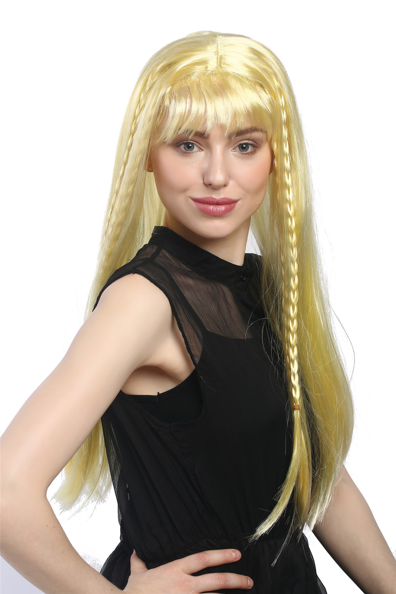 Lady Party Wig Halloween Fantasy Cosplay long straight gold blond braided strands bangs, front view, WIG ME UP: Your Perücken Online Shop Party Wig, Ladies, Blonde,Yellow, Braided, long