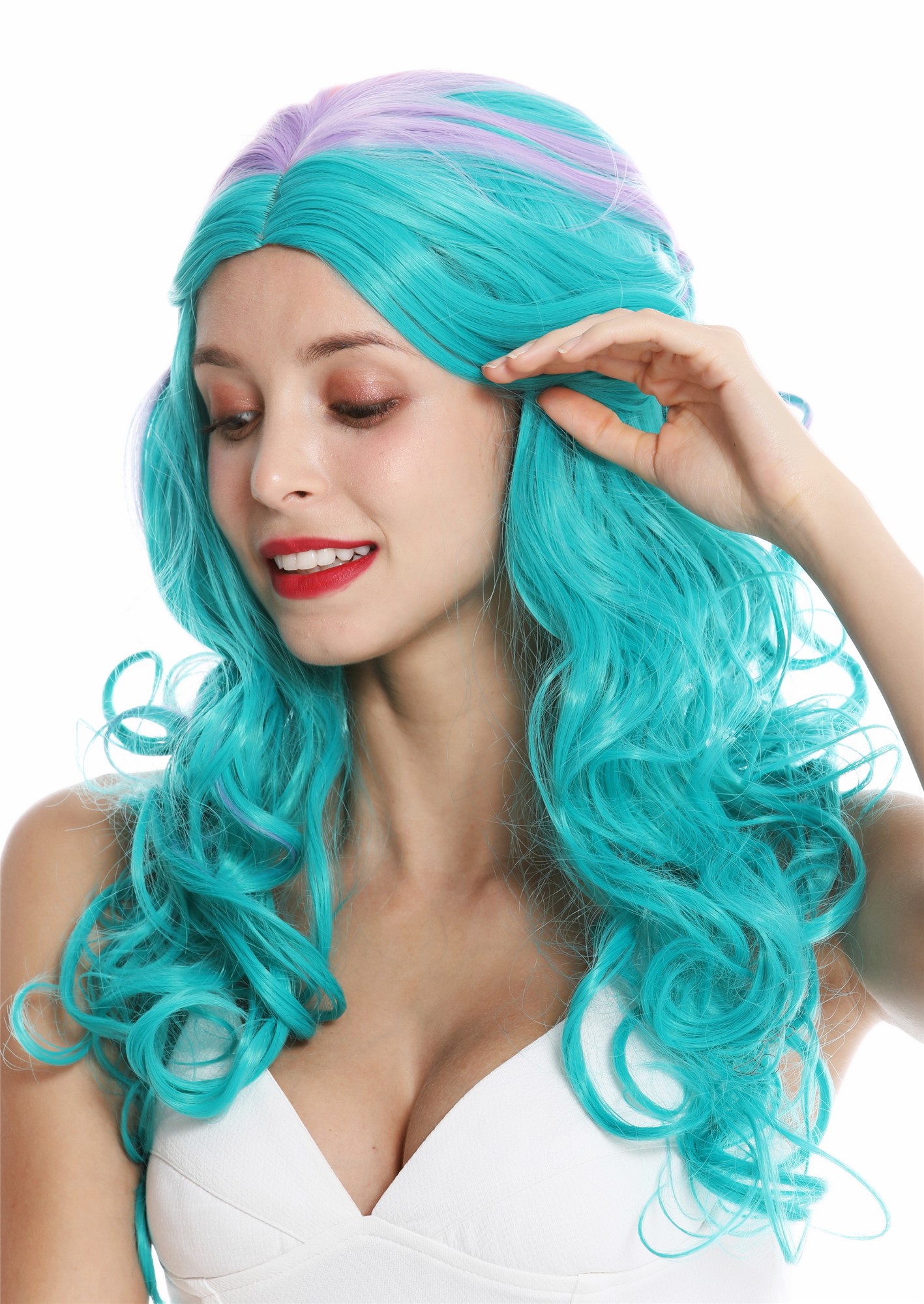 hochwertige Qualitätsperücken, Perücke lang geflochten Mittelscheitel Türkis Lila Rosa Mix GFW3497-T5126+T3815+T2311, Ansicht 3, WIG ME UP: Ihr Perücken Online Shop geflochtene Tressen-Perücke mit Kopfhaut-Imitat Grün-Lila-Rosa-Mix lange Haare für Damen