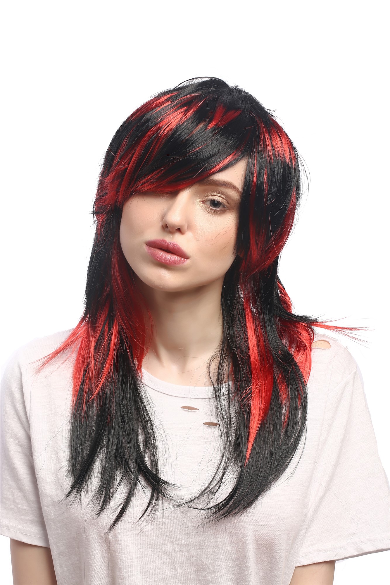 Lady Party Wig Cosplay sexy Emo witch She-Devil vampire black red strands long straight Goth Punk, view 4, WIG ME UP: Your Perücken Online Shop Party Wig, Ladies, Red, Black, straight, long
