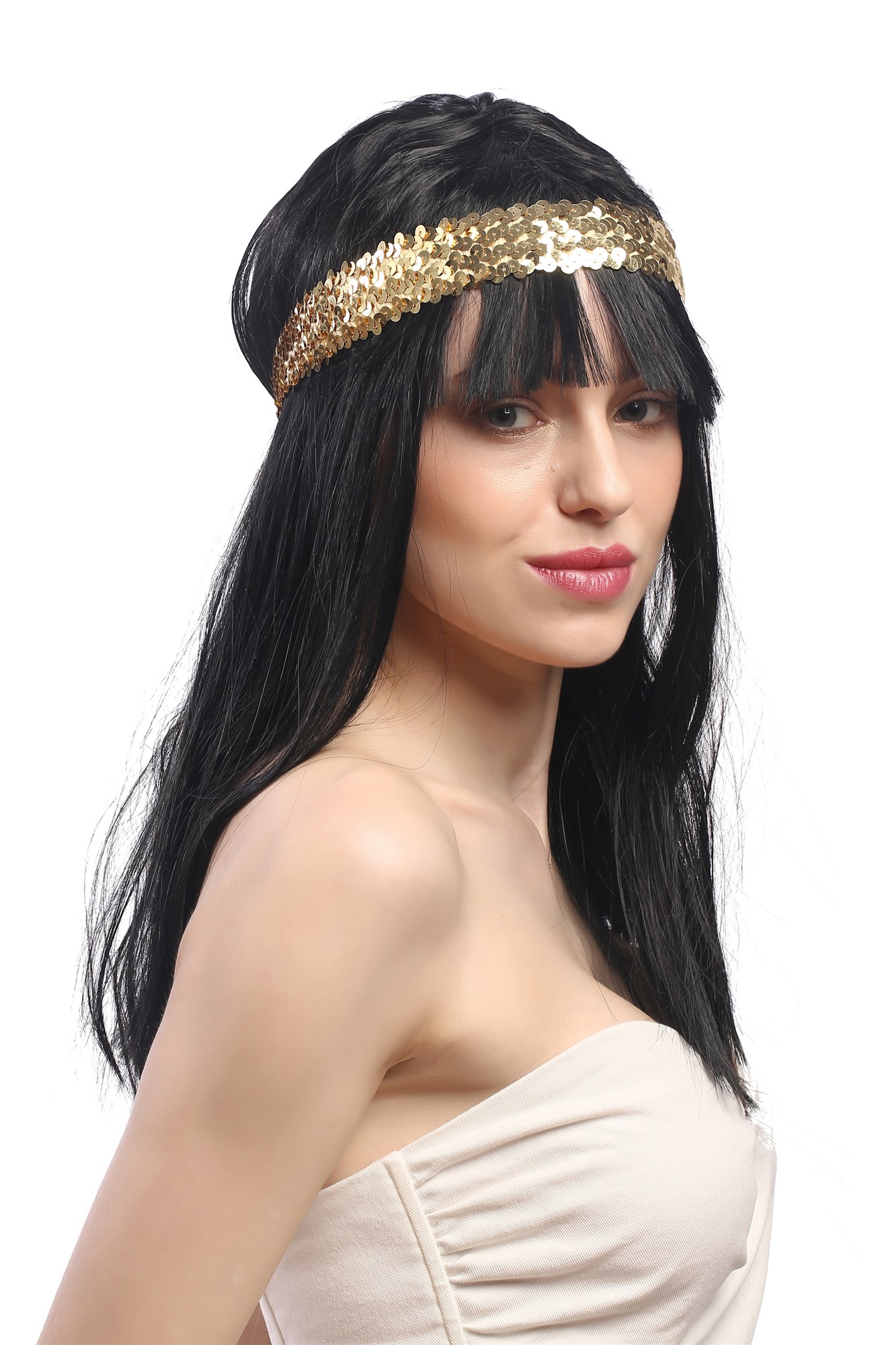 Lady Party Wig Fancy Dress long black straight bangs 70s Disco Cleopatra Odalisque golden headband, view 2, WIG ME UP: Your Perücken Online Shop Party Wig, Ladies, Black, straight, long