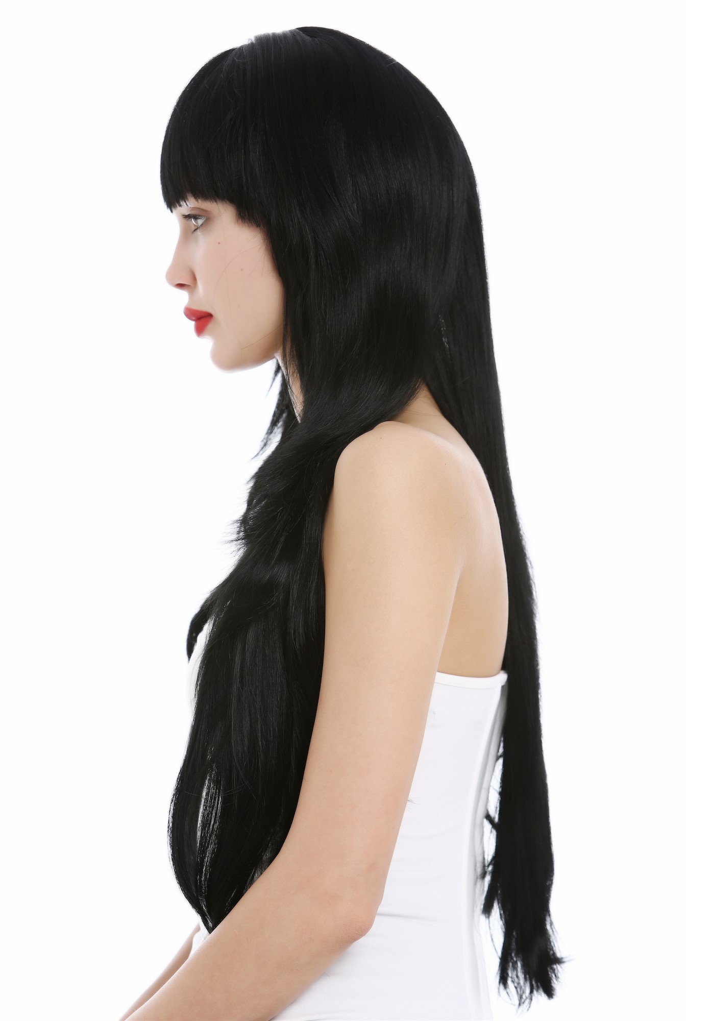 hochwertige Qualitätsperücken, Perücke lang glatt gestuft Schwarz VK-43-1, Ansicht 3, WIG ME UP: Ihr Perücken Online Shop glatte Tressen-Perücke mit Kopfhaut-Imitat Schwarz sehr lange Haare für Damen