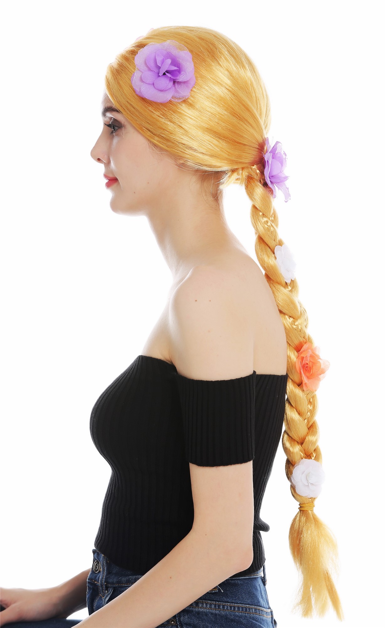 günstige Party Perücke, Perücke lang geflochtener Zopf Blumen Goldblond 31962-P35, Ansicht 5, WIG ME UP: Ihr Perücken Online Shop geflochtene Party Perücke Strohblond lange Haare für Damen