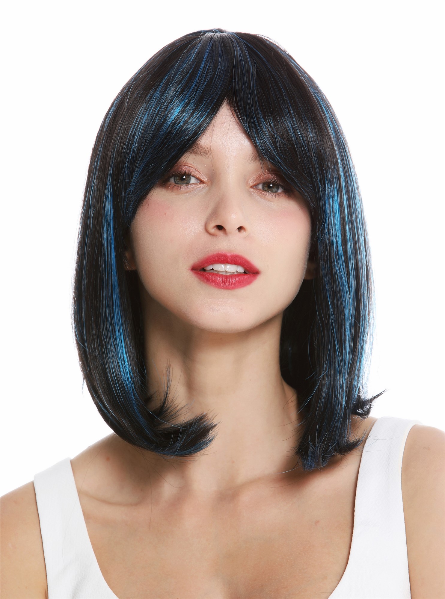 hochwertige Qualitätsperücken, Perücke schulterlang Longbob Balayage schwarz-braun blaue Strähnen VK-3-2HF21, Ansicht 2, WIG ME UP: Ihr Perücken Online Shop glatte Tressen-Perücke mit Kopfhaut-Imitat Schwarz-Blau-Mix schulterlange Haare für Damen