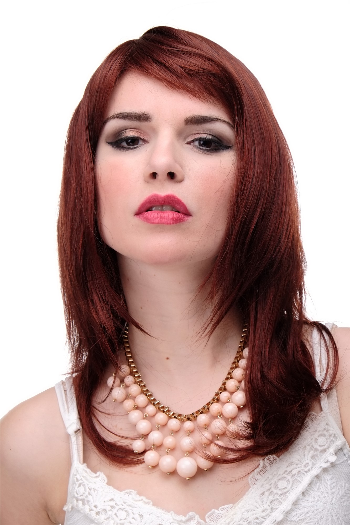 Lady wig medium length fringe parted to side straight layered brown red mix 3003, front view, WIG ME UP: Your Perücken Online Shop Quality Wigs, Ladies, brown-red mix, straight, long