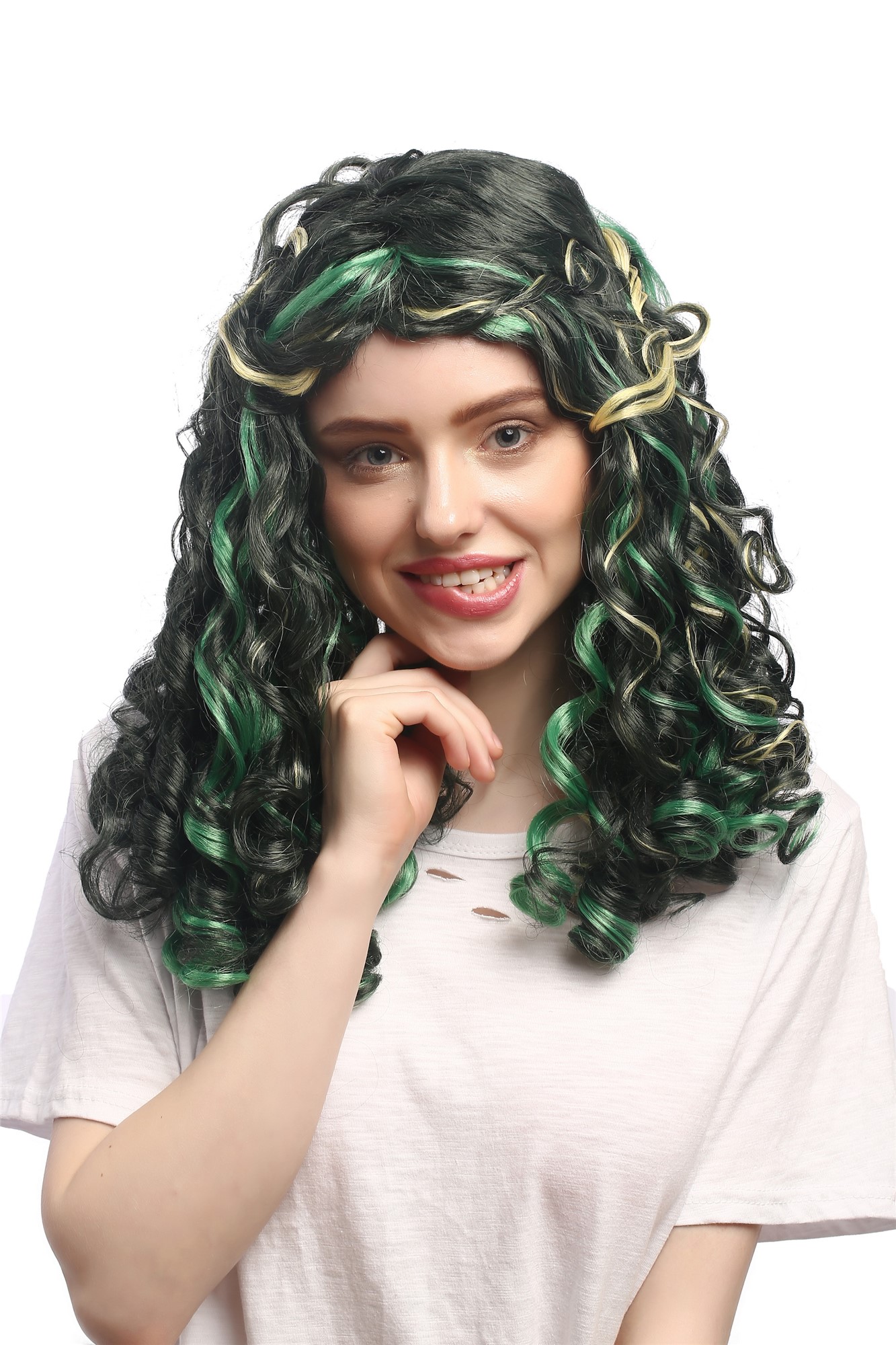 Lady Party Wig Fancy Dress Cosplay Mermaid green blond strands baroque coils curls middle parting, view 3, WIG ME UP: Your Perücken Online Shop Party Wig, Unisex, Green, curled, shoulder-length