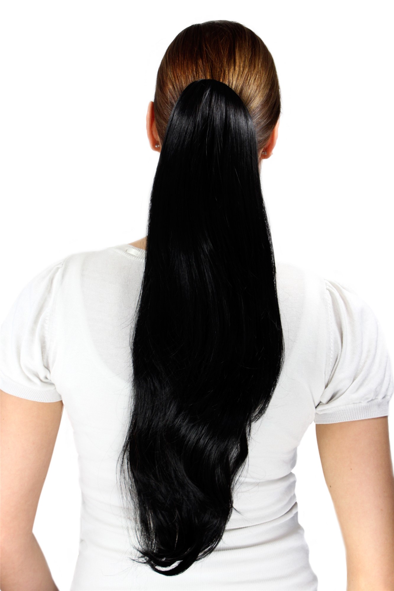 Ponytail/Extension BLACK (1B) straight long 50 cm on Butterfly CLAMP/Claw Grip, front view, WIG ME UP: Your Perücken Online Shop Ponytails, velvet black, straight, long