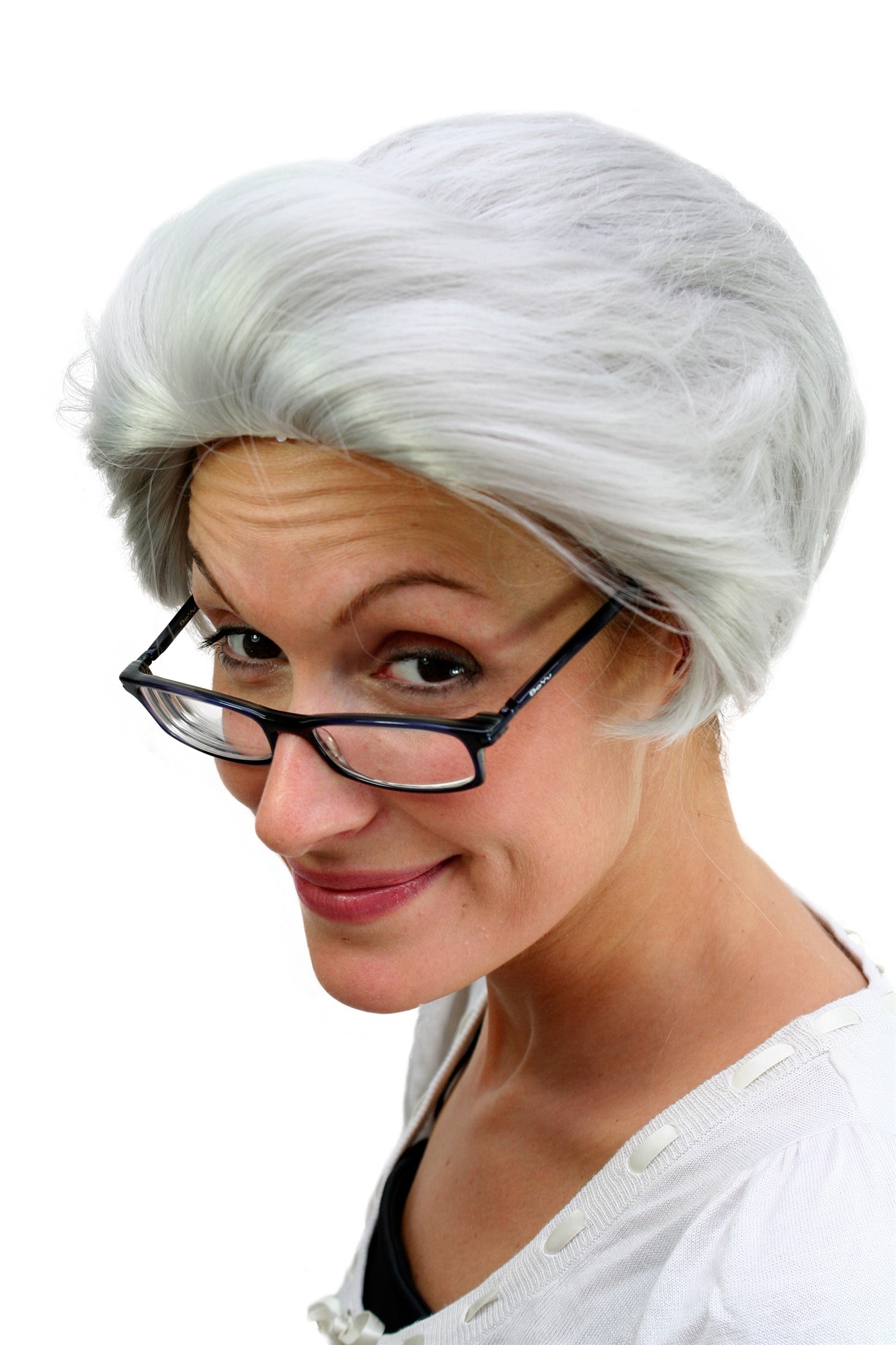 günstige Party Perücke, Alte Oma Opa Perücke grau Scheitelwelle PW0206, Vorderansicht, WIG ME UP: Ihr Perücken Online Shop wellige Party Perücke grau kurze Haare Unisex