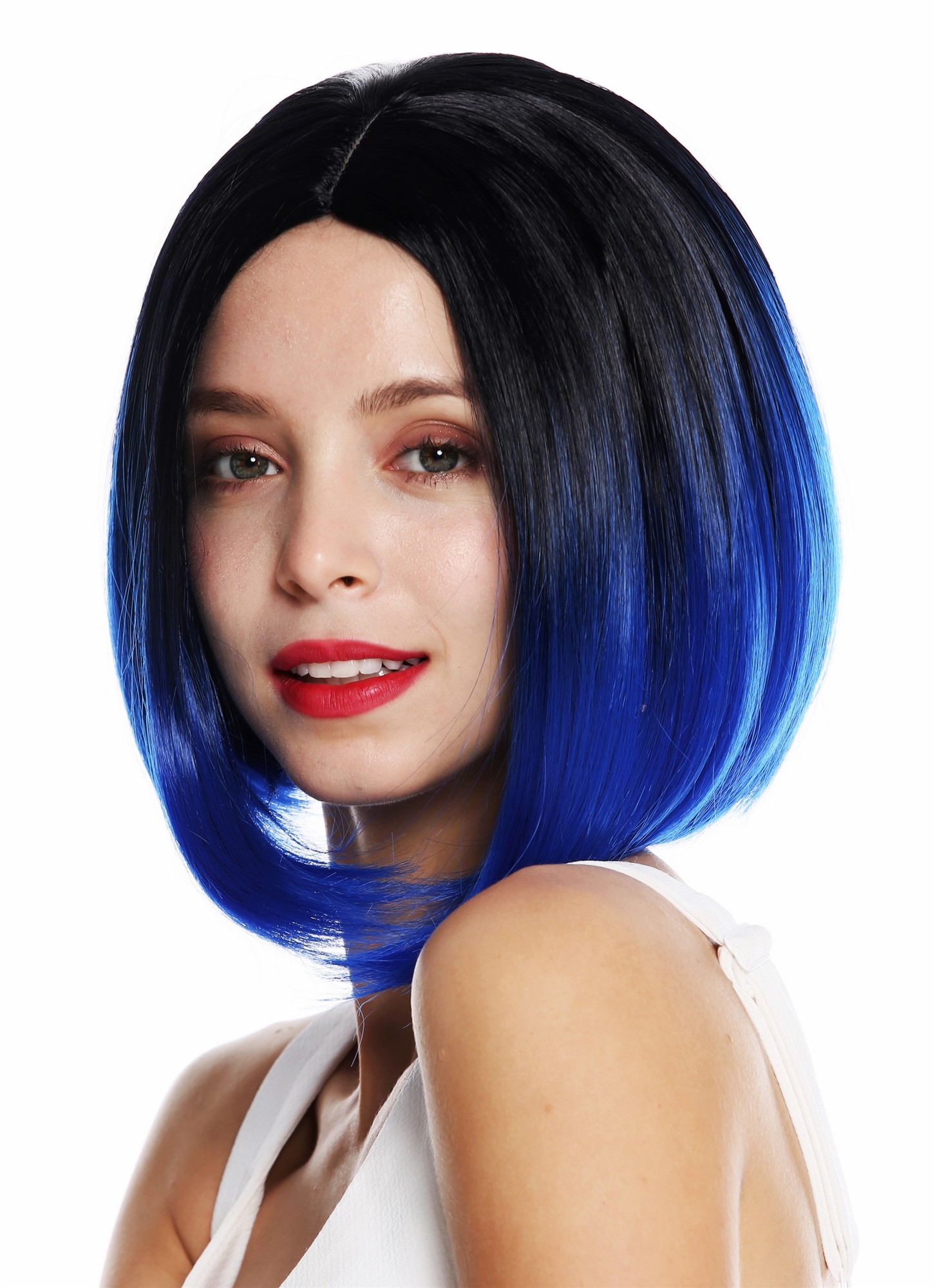 hochwertige Qualitätsperücken, Perücke kurz Longbob Mittelscheitel Ombre Schwarz Blau ZM-1782-TF-2517Dye1B, Ansicht 3, WIG ME UP: Ihr Perücken Online Shop glatte Tressen-Perücke mit Kopfhaut-Imitat Blau-Schwarz-Mix kurze Haare für Damen