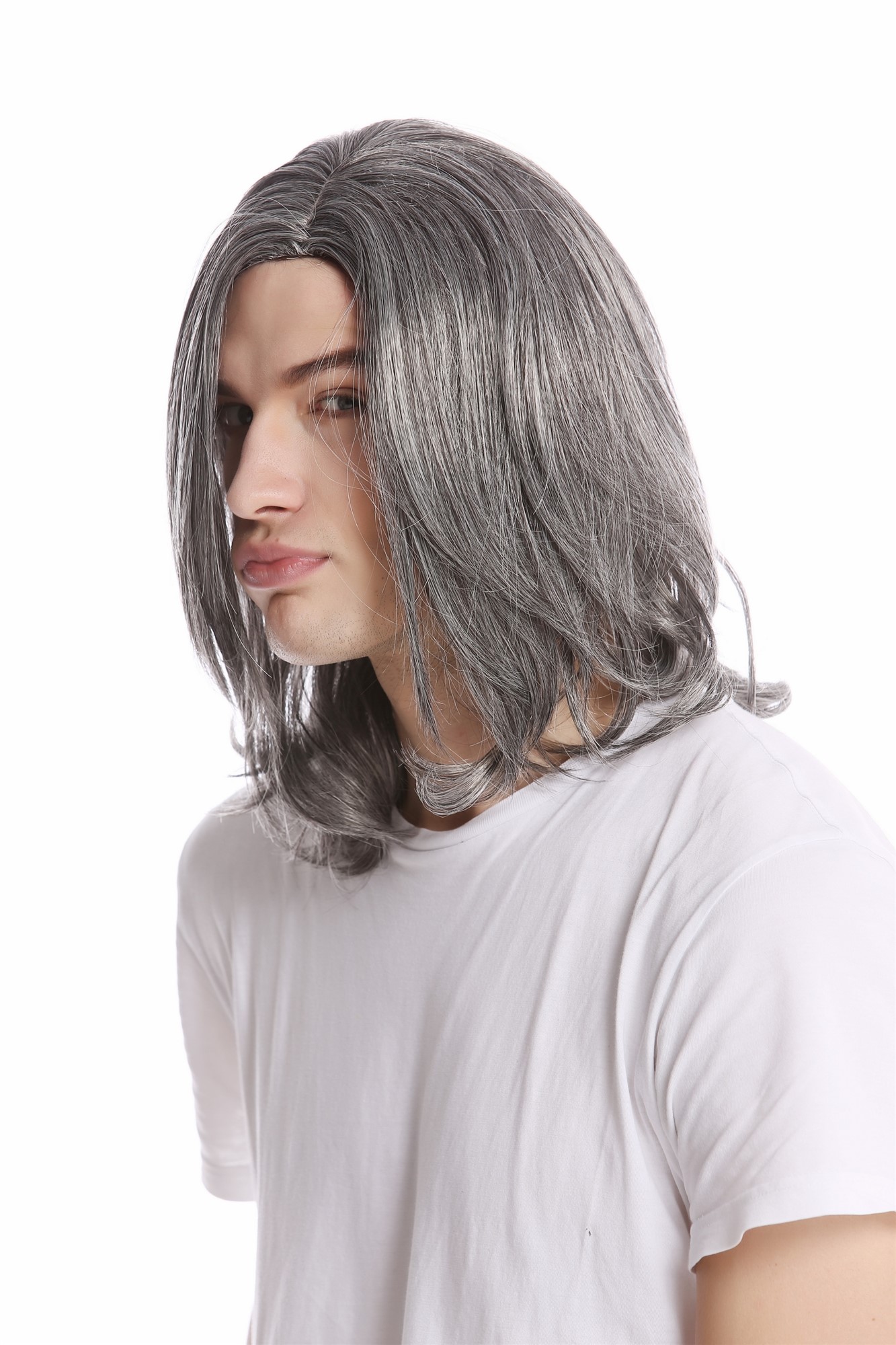Men Gents Wig long straight middle parting aged rock star youthful modern look dark gray grey, view 2, WIG ME UP: Your Perücken Online Shop Quality Wigs, Men, dark brown-gray mix, straight, shoulder-length