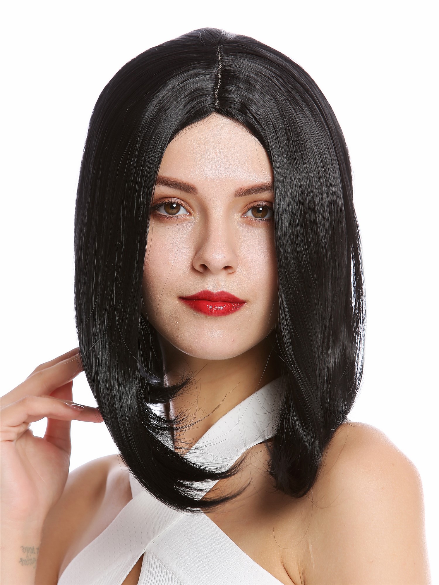 hochwertige Qualitätsperücken, Perücke Longbob Mittelscheitel Schwarz YZF-4356-1, Ansicht 2, WIG ME UP: Ihr Perücken Online Shop glatte Tressen-Perücke Schwarz kurze Haare für Damen
