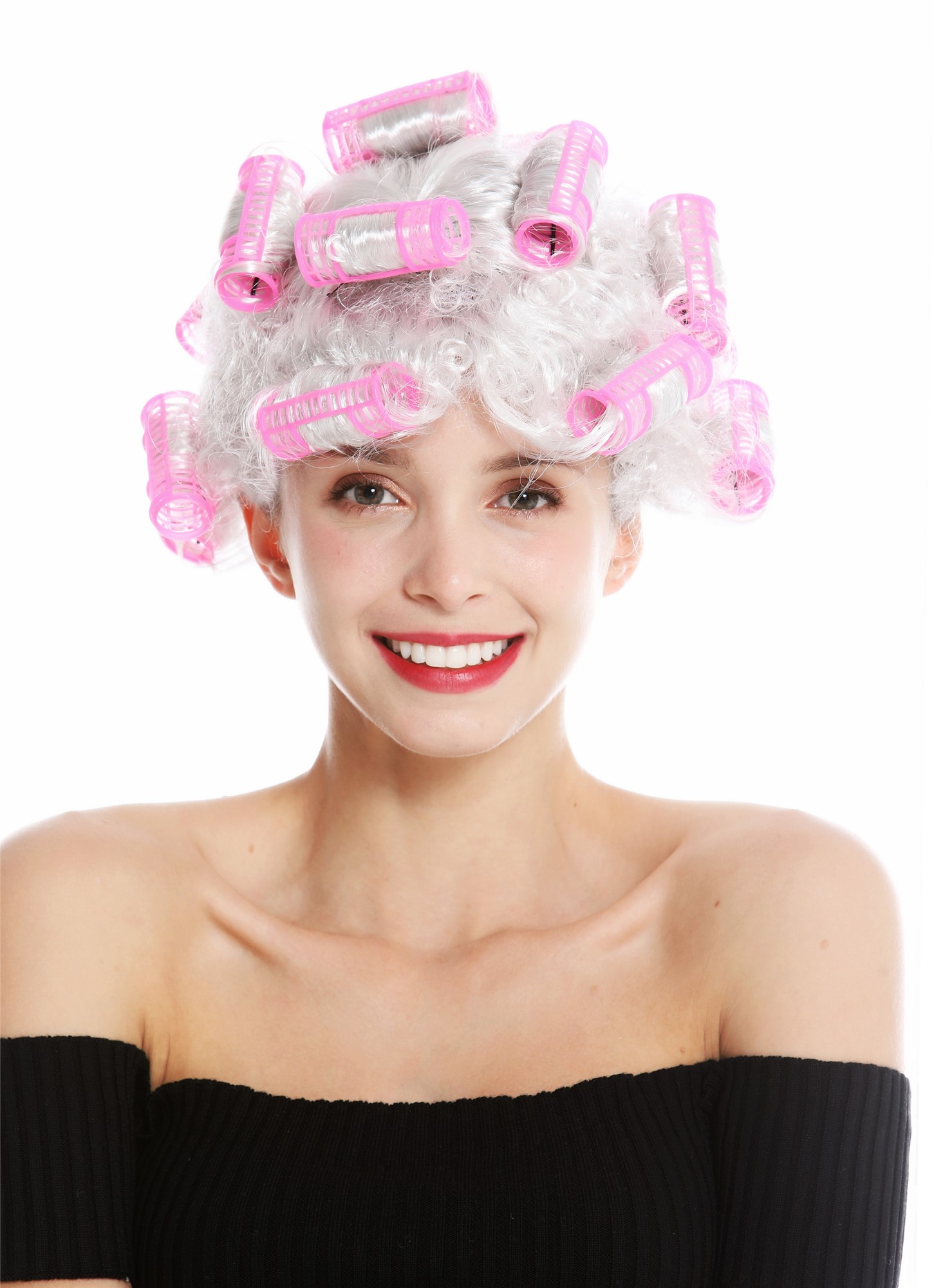 Women's party wig housewife hair rollers grey white grey light grey trashy 4204, view 2, WIG ME UP: Your Perücken Online Shop Party Wig, Ladies, light gray, curled, short