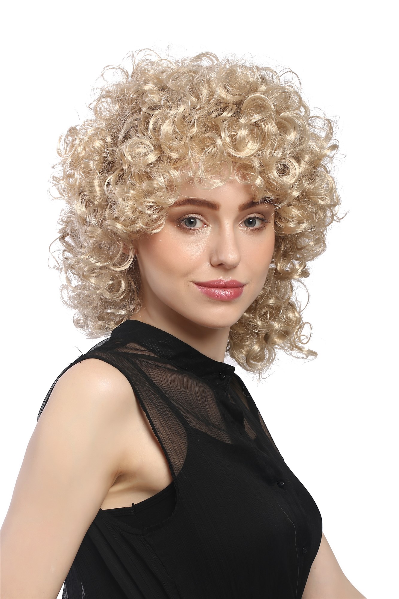 günstige Party Perücke, Perücke Kurz Locken Lockig Blond 80er 91074-ZA83, Vorderansicht, WIG ME UP: Ihr Perücken Online Shop lockige Party Perücke Blond schulterlange Haare für Damen