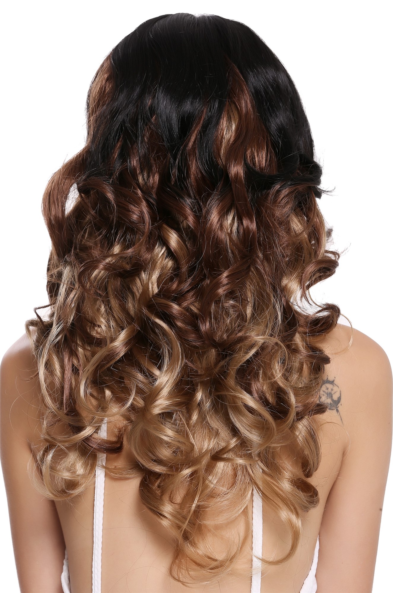 hochwertige Qualitätsperücken, Perücke Lang Locken Pony Ombre Schwarz Braun Blond 1002A-G1B-30-19, Ansicht 4, WIG ME UP: Ihr Perücken Online Shop lockige Tressen-Perücke mit Kopfhaut-Imitat Schwarz-Braun-Blond lange Haare für Damen
