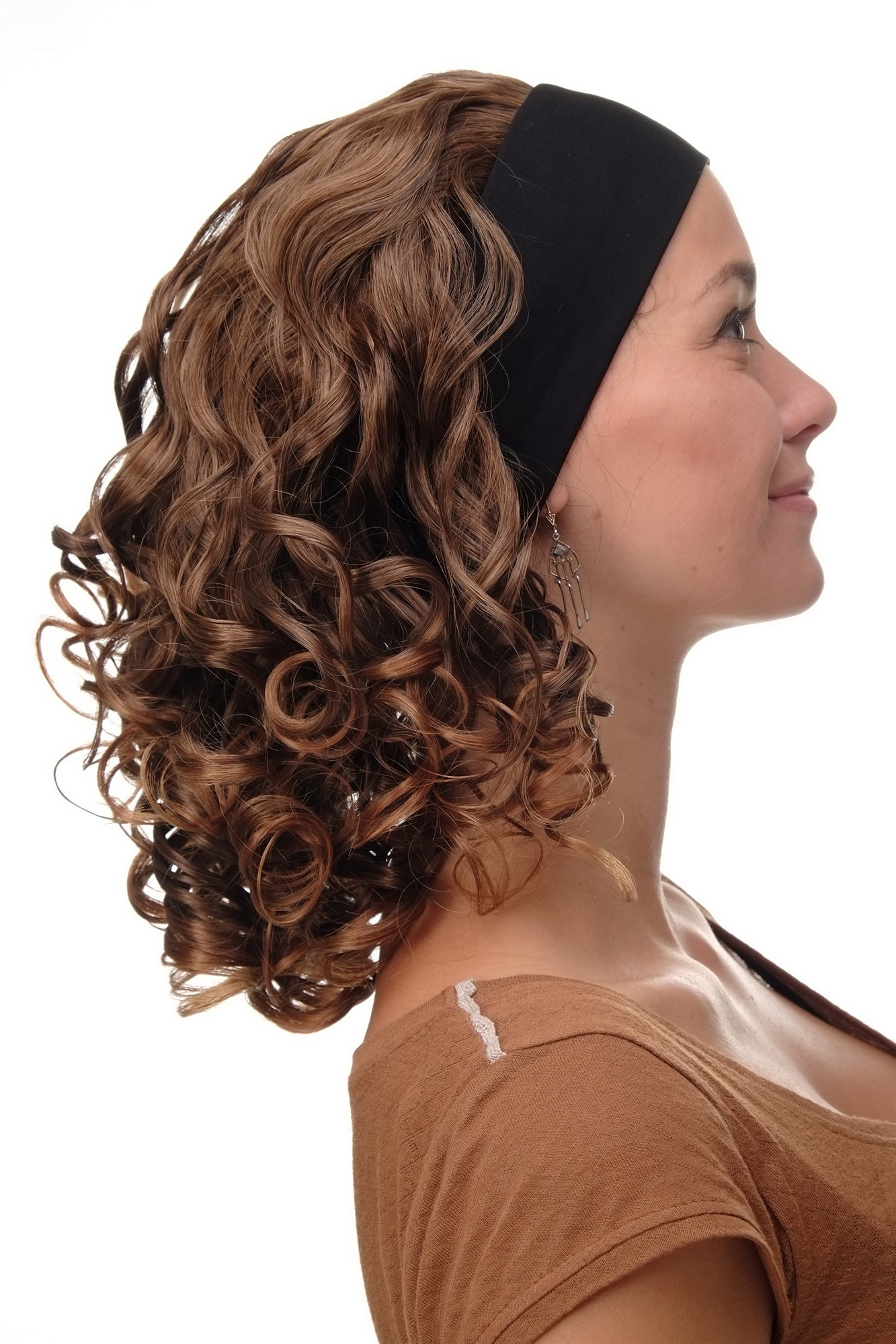 hochwertige Qualitätsperücken, Perücke Stirnband Braun-Blond-Mix Locken Schulterlang BRO-704-6T27, Ansicht 3, WIG ME UP: Ihr Perücken Online Shop lockige Tressen-Perücke mit Stirnband Braun-Blond-Mix schulterlange Haare für Damen