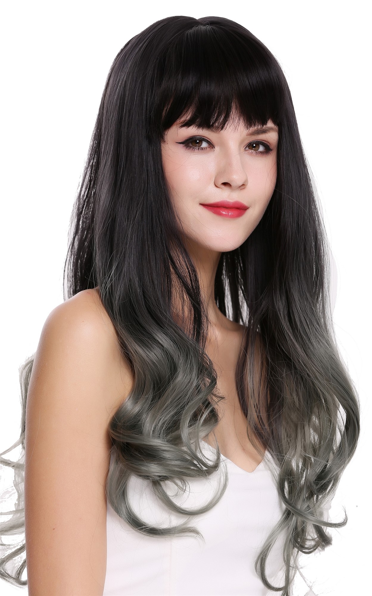 hochwertige Qualitätsperücken, Perücke lang Pony wellig Balayage Dunkelbraun Grün H1800-904R4, Ansicht 2, WIG ME UP: Ihr Perücken Online Shop wellige Tressen-Perücke mit Kopfhaut-Imitat Dunkelbraun-Meergrün-Mix lange Haare für Damen