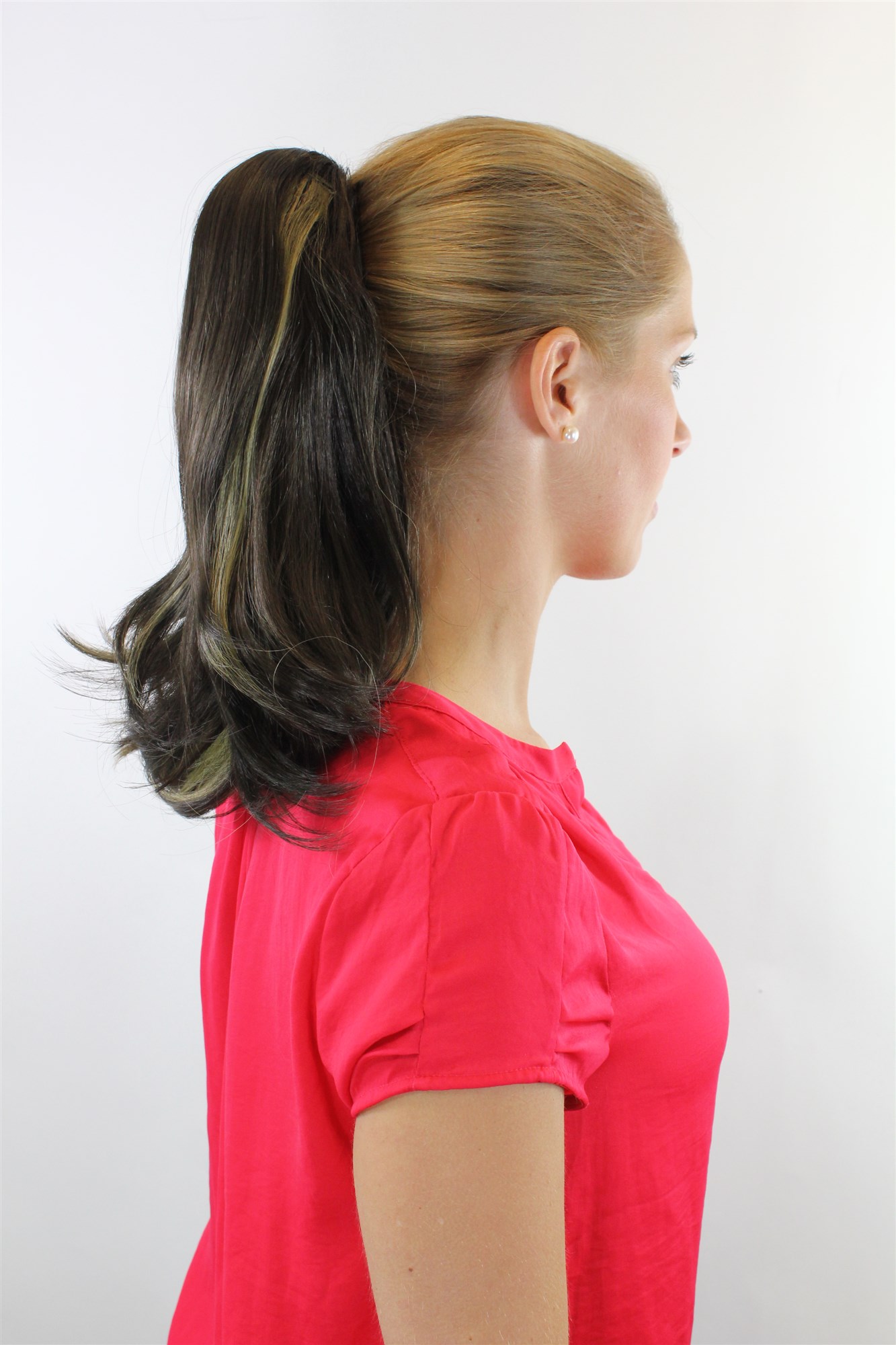 RL-060-8H24 Ponytail Hairpiece extension medium length straight with curved bouncing tips brown blond streaked highlights buttterfly claw grip 14", view 2, WIG ME UP: Your Perücken Online Shop Ponytails, brown-blonde mix, wavy, shoulder-length