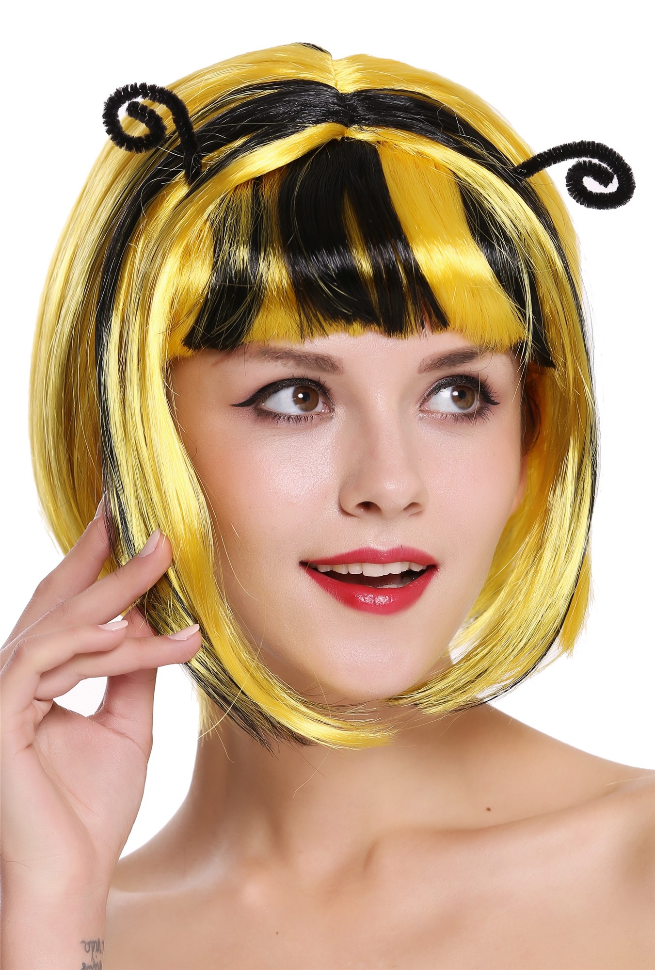 günstige Party Perücke, Perücke Biene Hummel Schwarz Gelb 91575-ZA2B+ZA103, Ansicht 2, WIG ME UP: Ihr Perücken Online Shop glatte Party Perücke Gelb,Schwarz kurze Haare für Damen