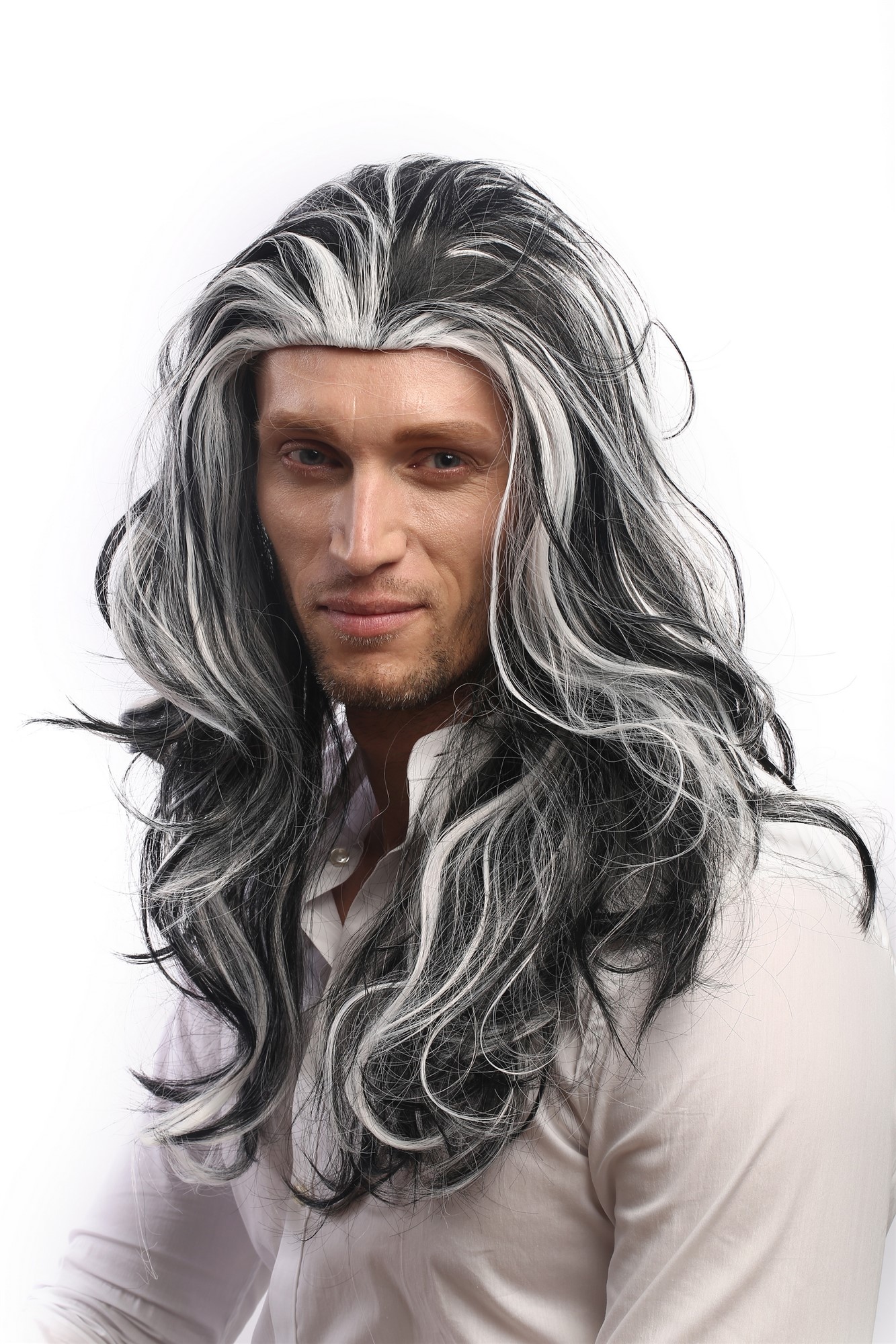 Lady Man Party Wig Halloween long wavy black grey white streaks strands 29938B, view 3, WIG ME UP: Your Perücken Online Shop Party Wig, Men, Black-and-white, wavy, long