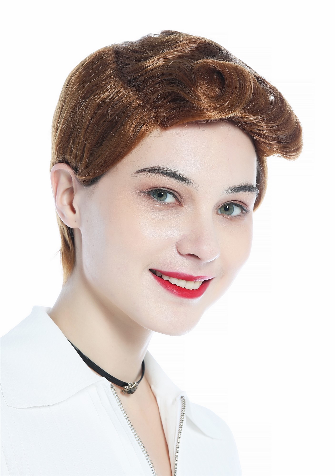 DW3333-27 Wig Men Women unisex short straight curled quiff strawberry blond, front view, WIG ME UP: Your Perücken Online Shop Quality Wigs, Unisex, copper blonde, curled, short