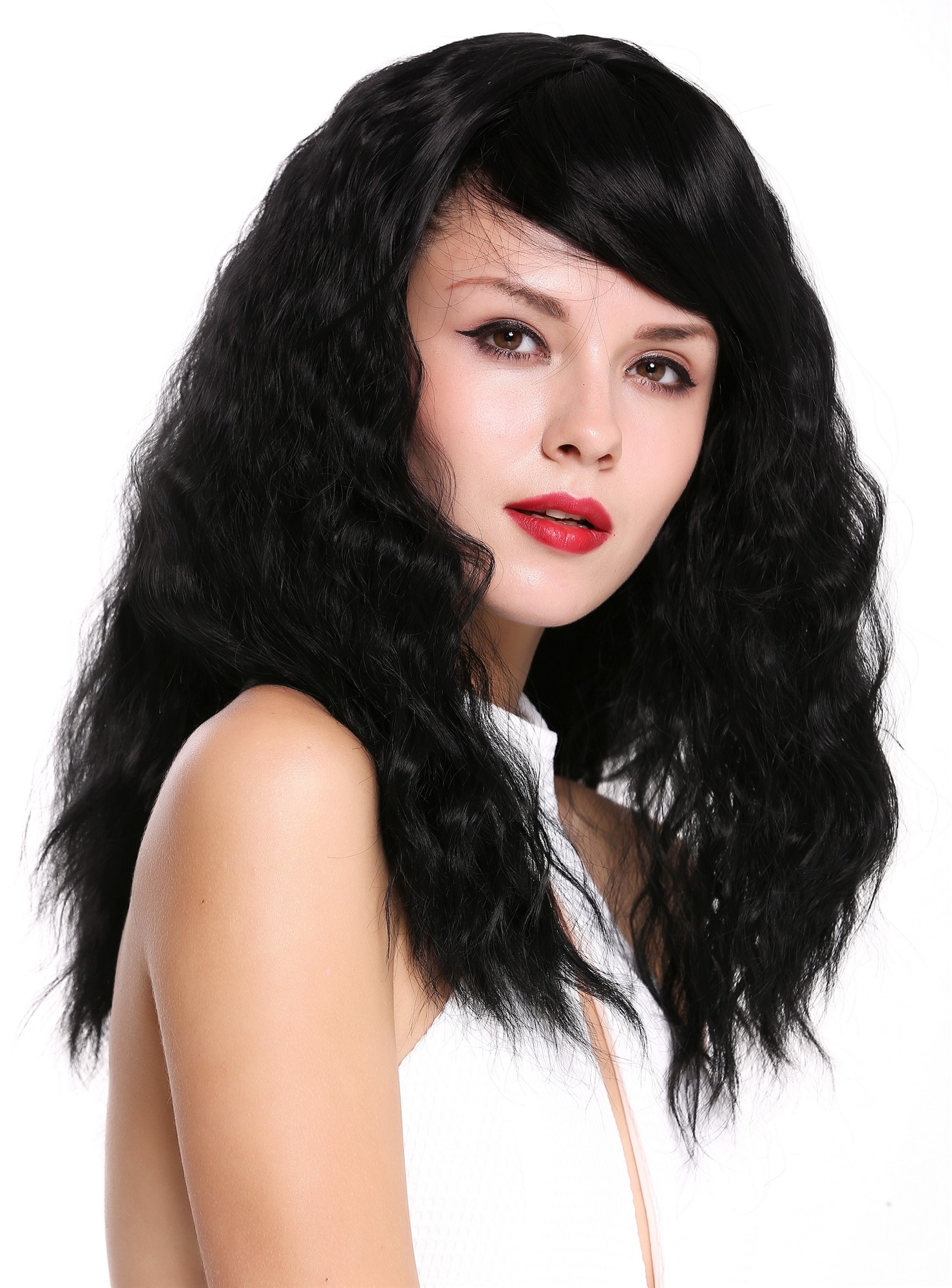 Lady Woman Wig Long Voluminous Dense Curls Curled straight at parting Black 5093, view 2, WIG ME UP: Your Perücken Online Shop Quality Wigs, Ladies, black-brown, wavy, long
