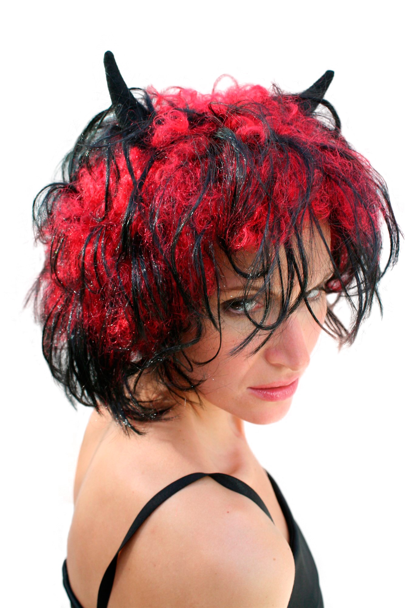 Party/Fancy Dress/Halloween WIG She-Devil Devil Demon Horns LM-707-P103+PC13, front view, WIG ME UP: Your Perücken Online Shop Party Wig, Ladies, black red, wavy, shoulder-length